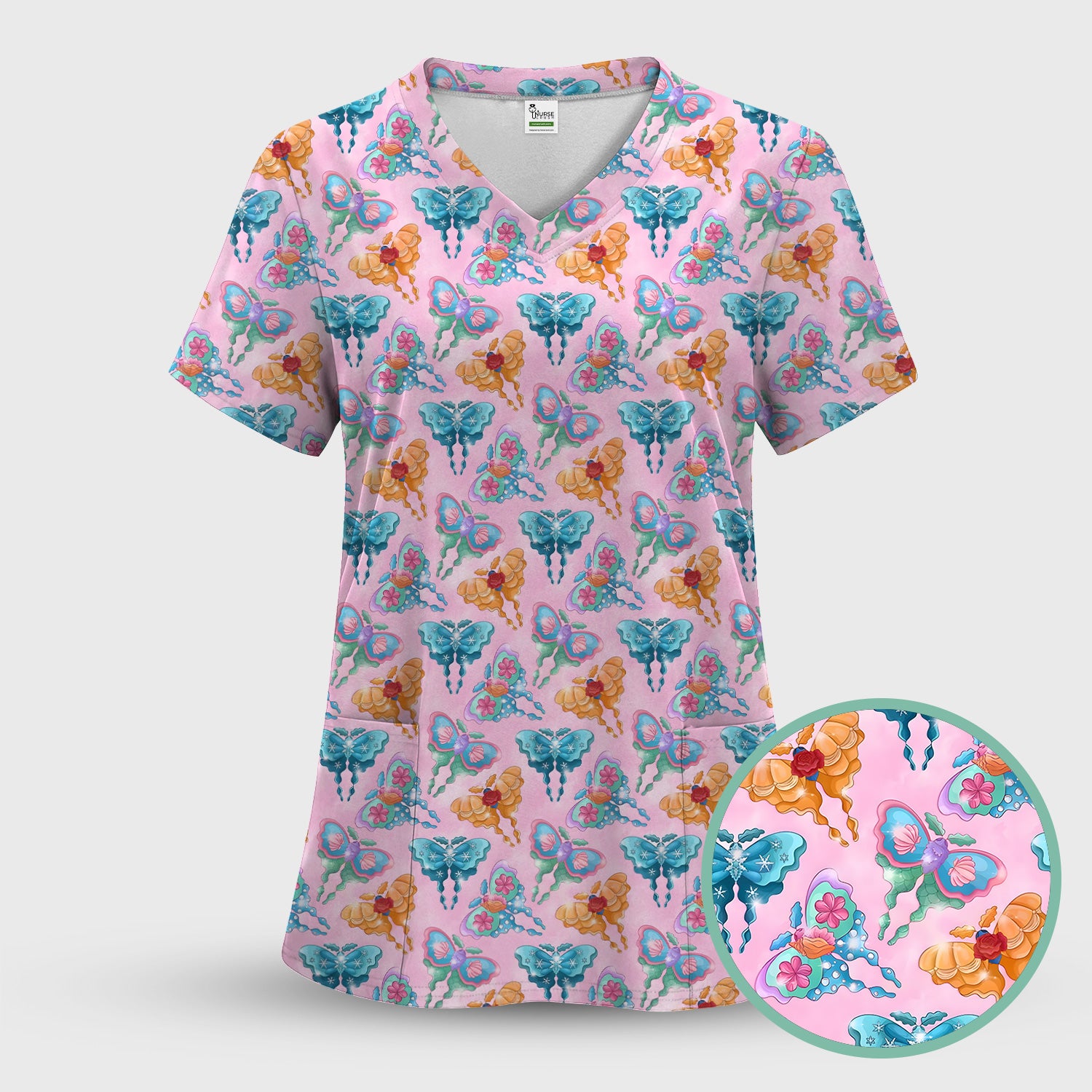 Colorful Butterfly With Floral Blossom Pattern Scrub Set, Scrub Pants and V Neck Top