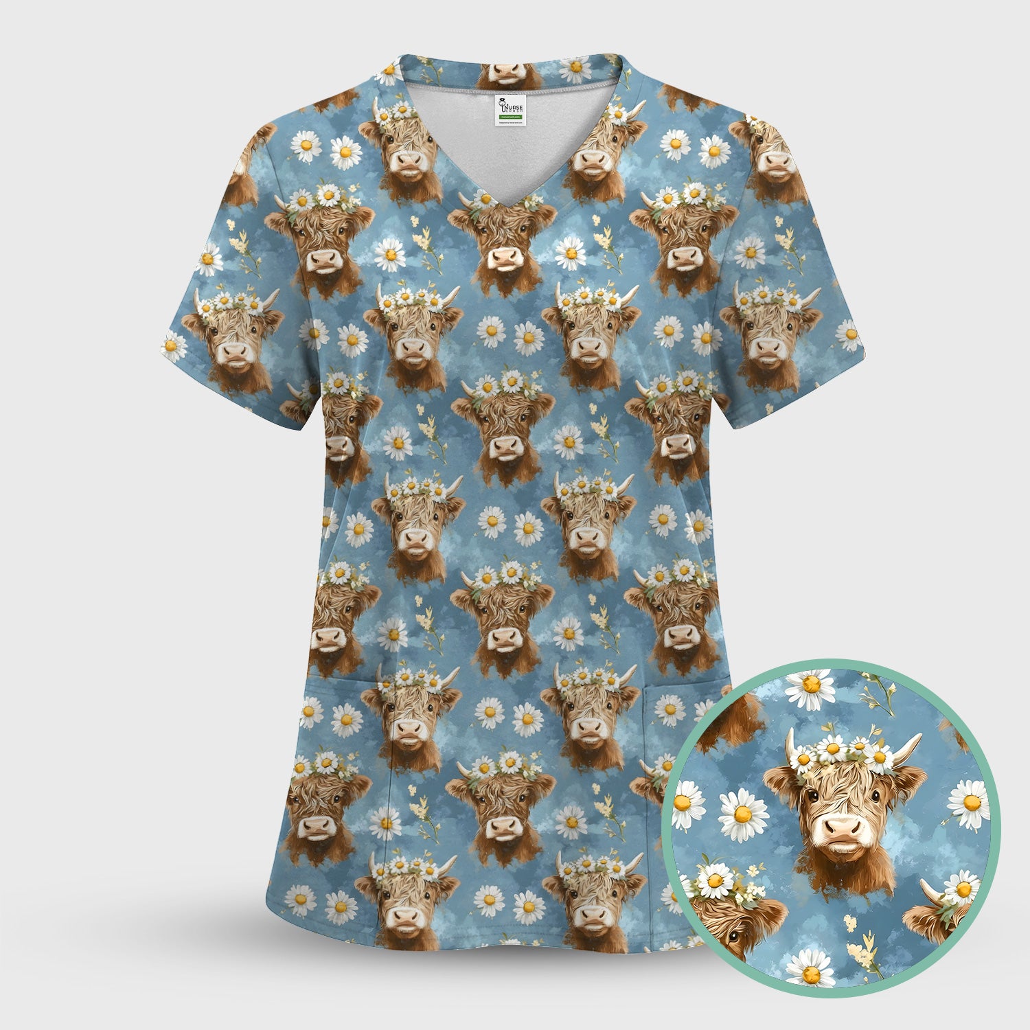 Highland Cow Daisy Flower Pattern Scrub Top, Comfortable Scrubs for Nurses