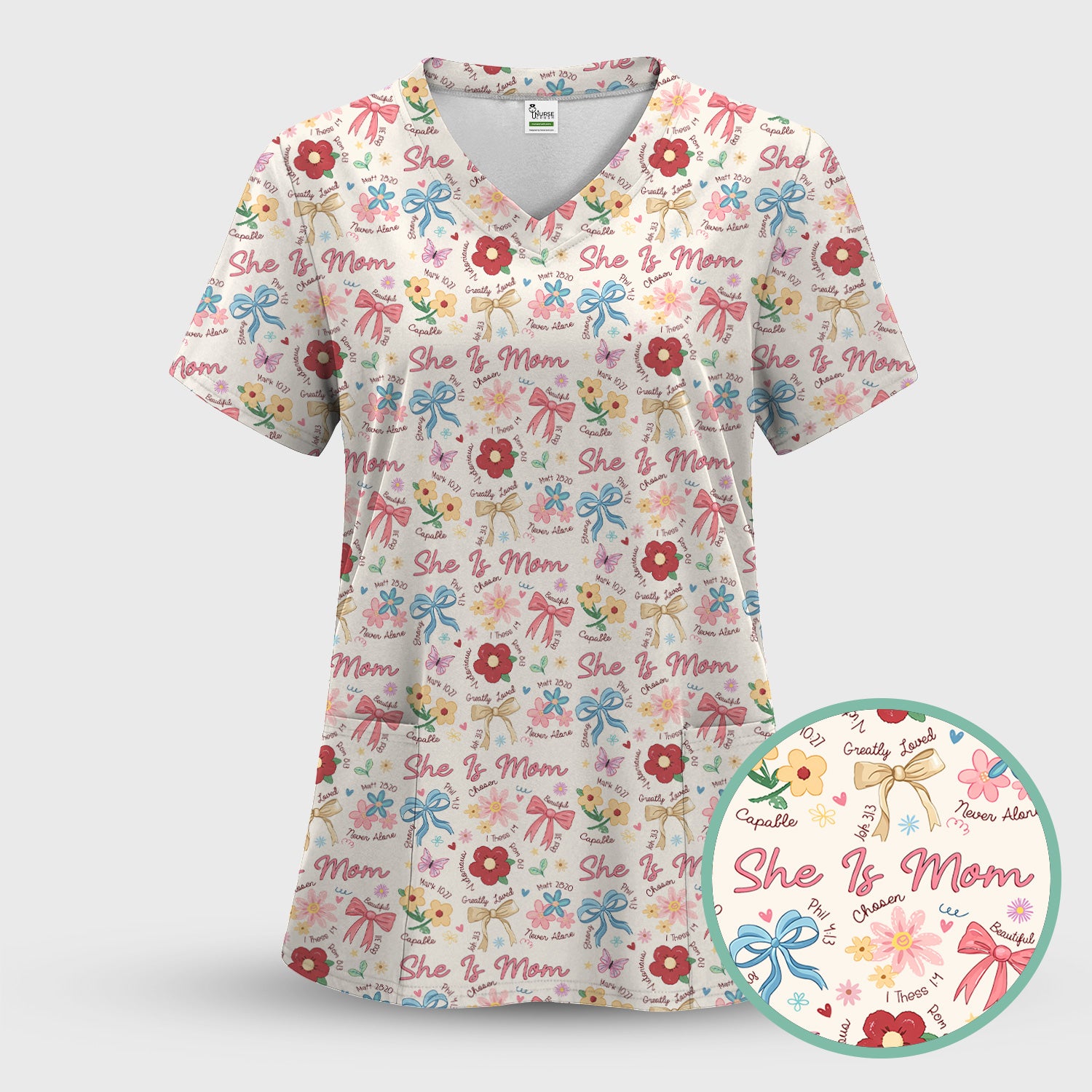 She Is Mom Floral Bow Pattern Scrub Top, Comfortable Scrubs for Nurses
