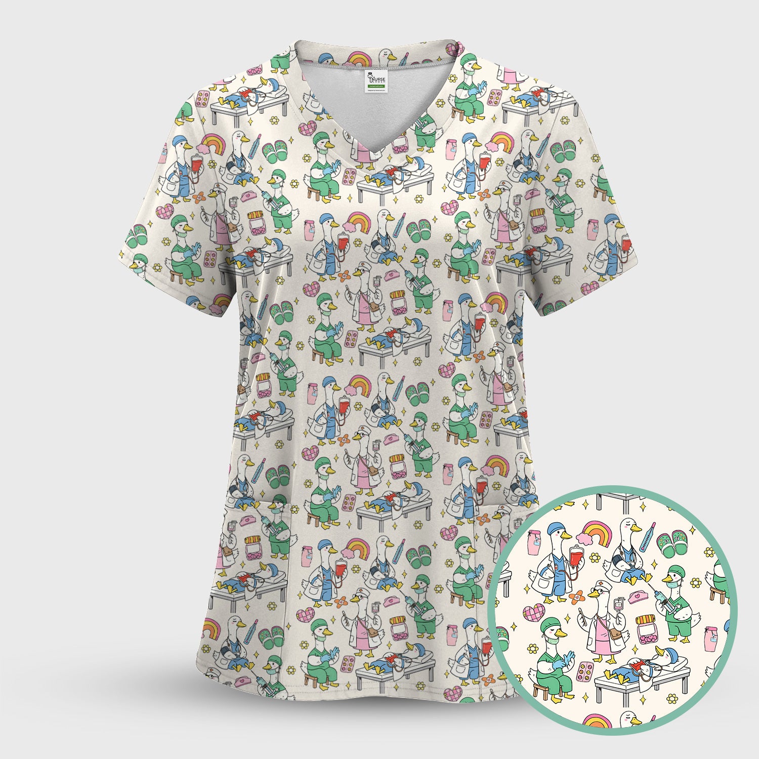 Funny Nurse Duck Medical Doodle Pattern Scrub Top, Comfortable Nurse Workwear Top