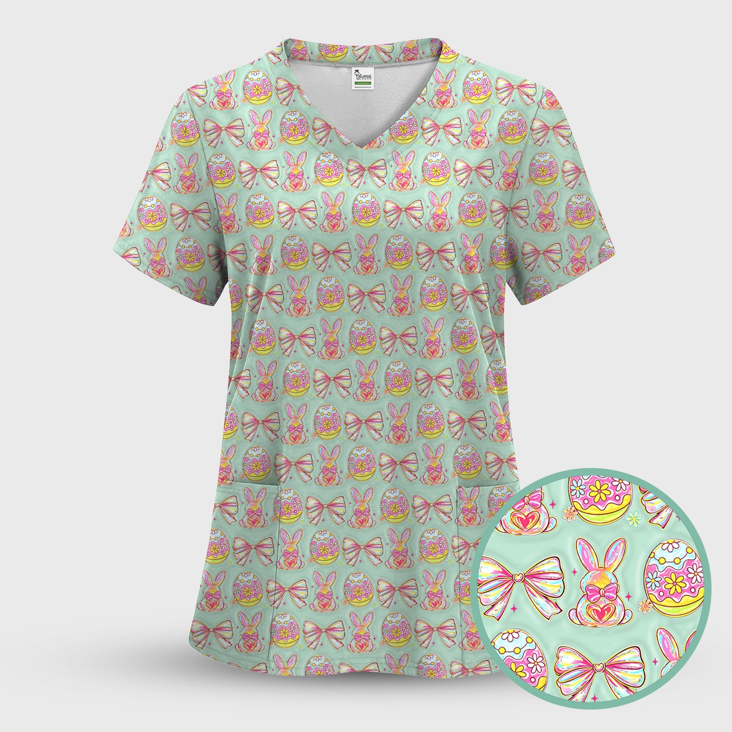 Easter Bunny Pastel Egg Bow Pattern Scrub Top, Breathable Fabrics Nursing Uniform