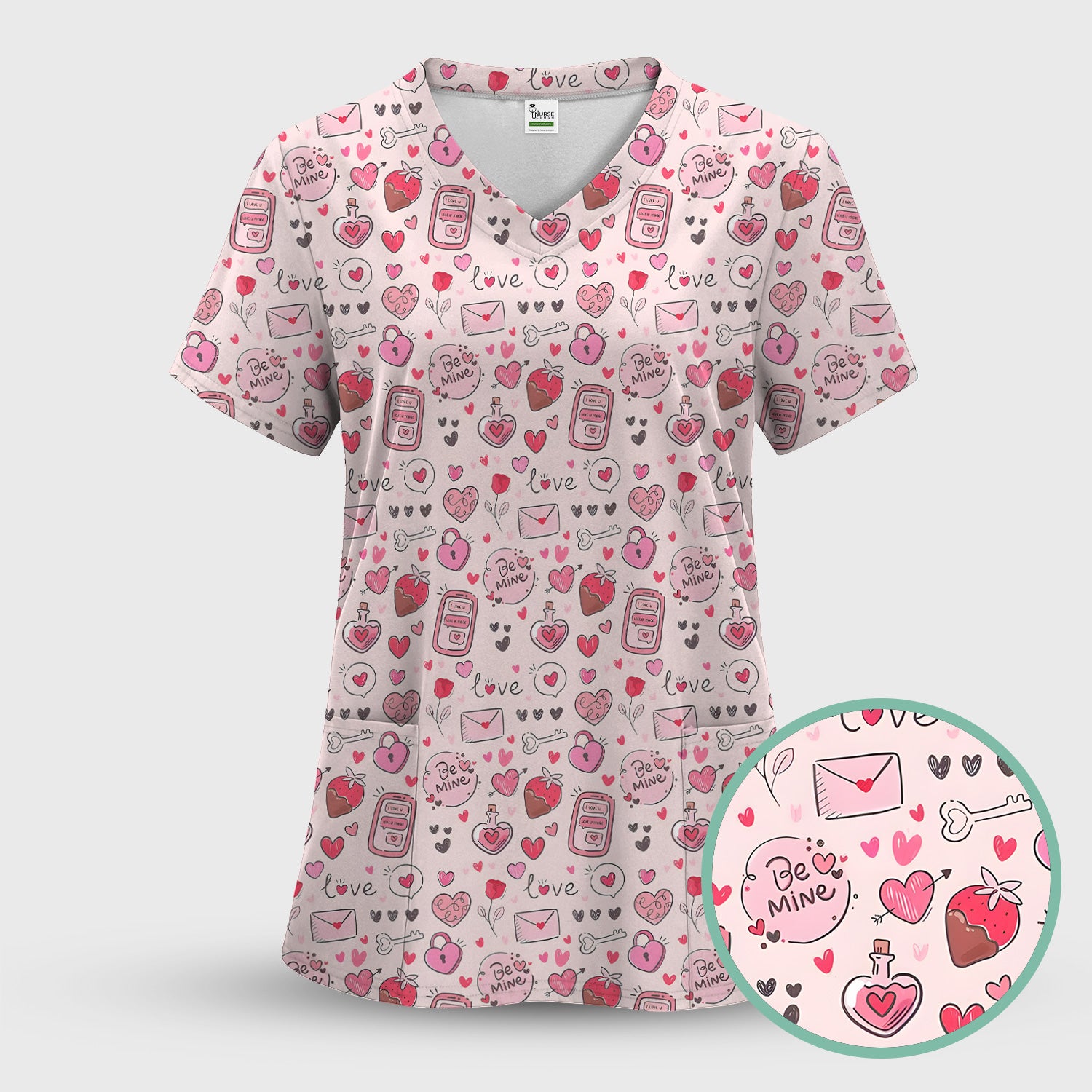 Be Mine Heart Pattern Pattern Scrub Top, Pink Valentine Pattern Nursing Uniform For Women