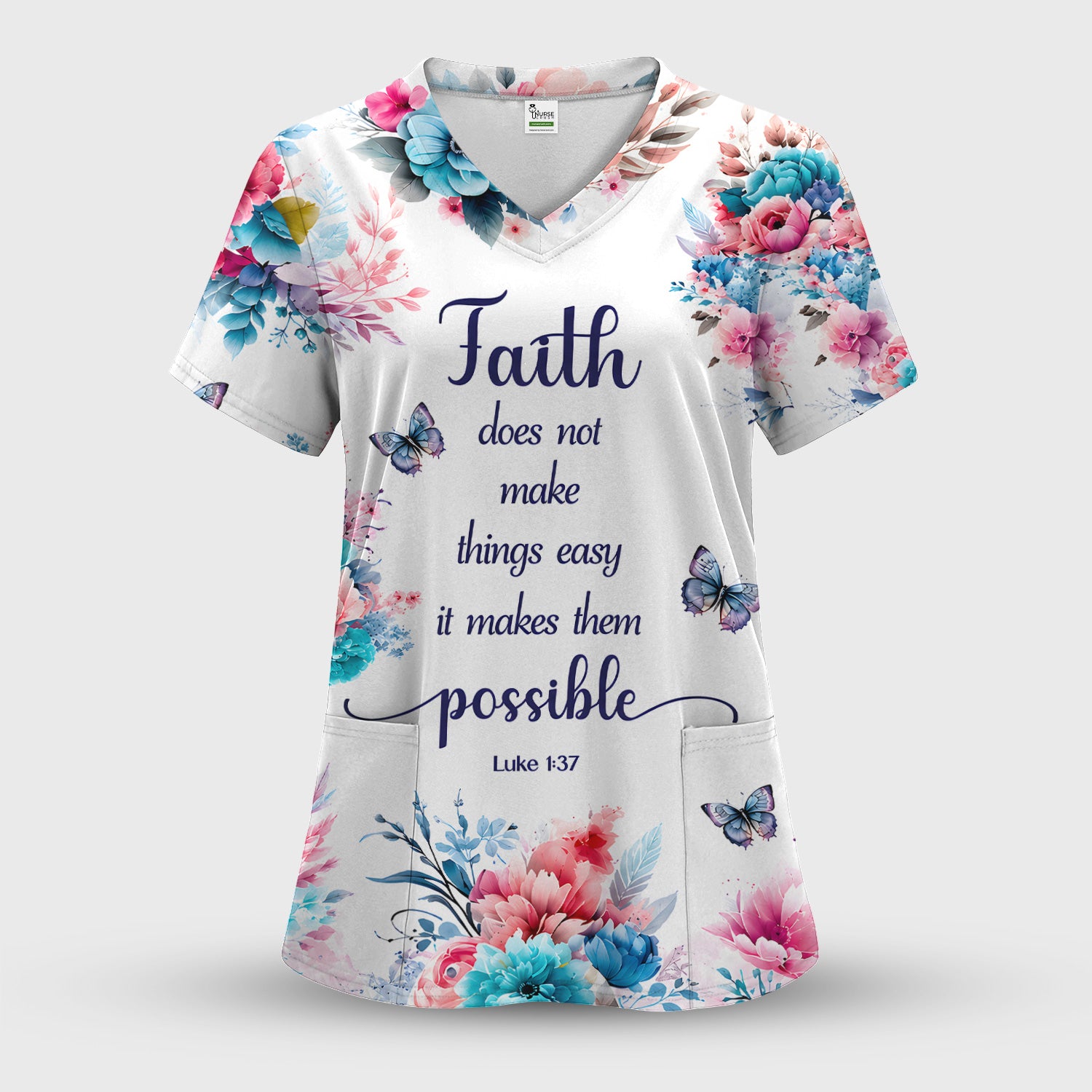Inspirational Faith Floral Butterfly Pattern Scrub Top, Comfortable Scrubs for Nurses