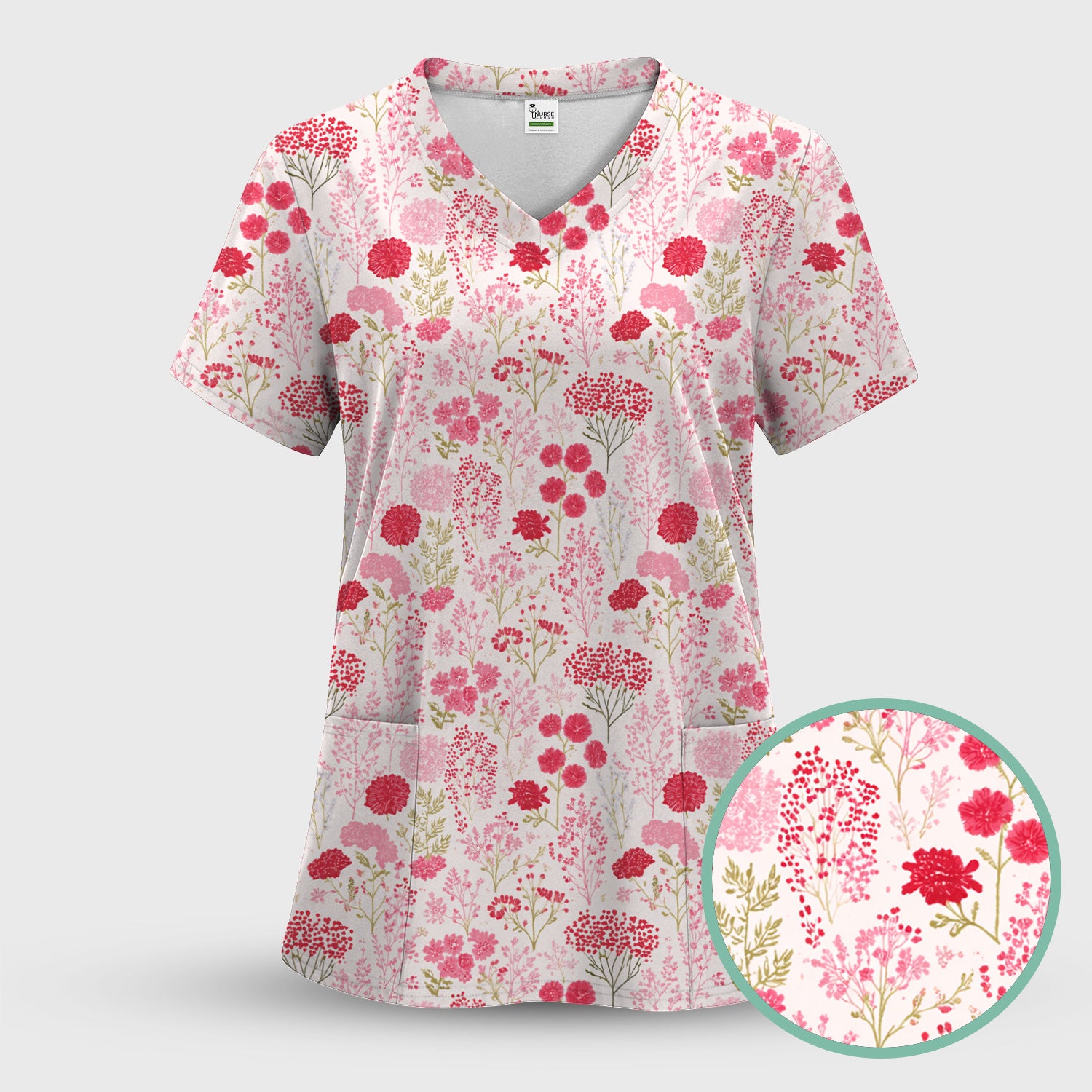 Pink Floral Pattern Allover Print Scrub Top, Breathable Fabrics Nursing Uniform