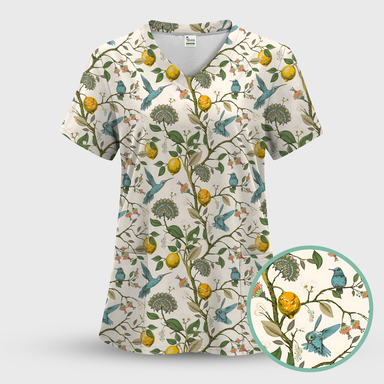 Cute Hummingbird Lemon Floral Pattern Scrub Top, Comfortable Scrubs for Nurses