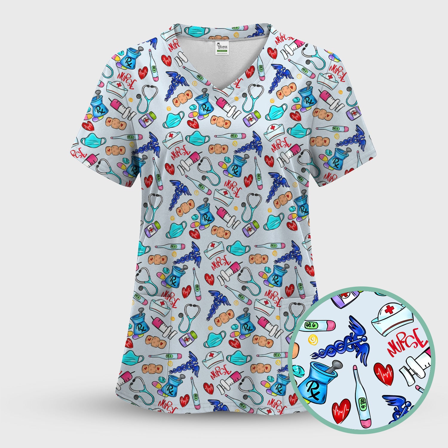Nurse Medical Icons Stethoscope Heart Pattern Scrub Top, Comfortable Scrubs for Nurses