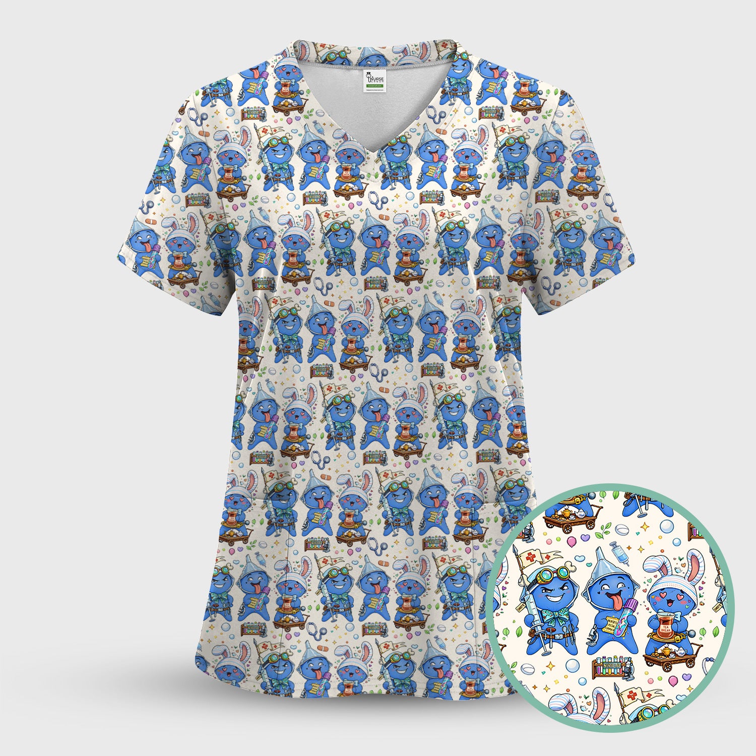 Cute Glove Doll Hospital Medical Cartoon Nurse Pattern Scrub Set, Women's Scrub Sets