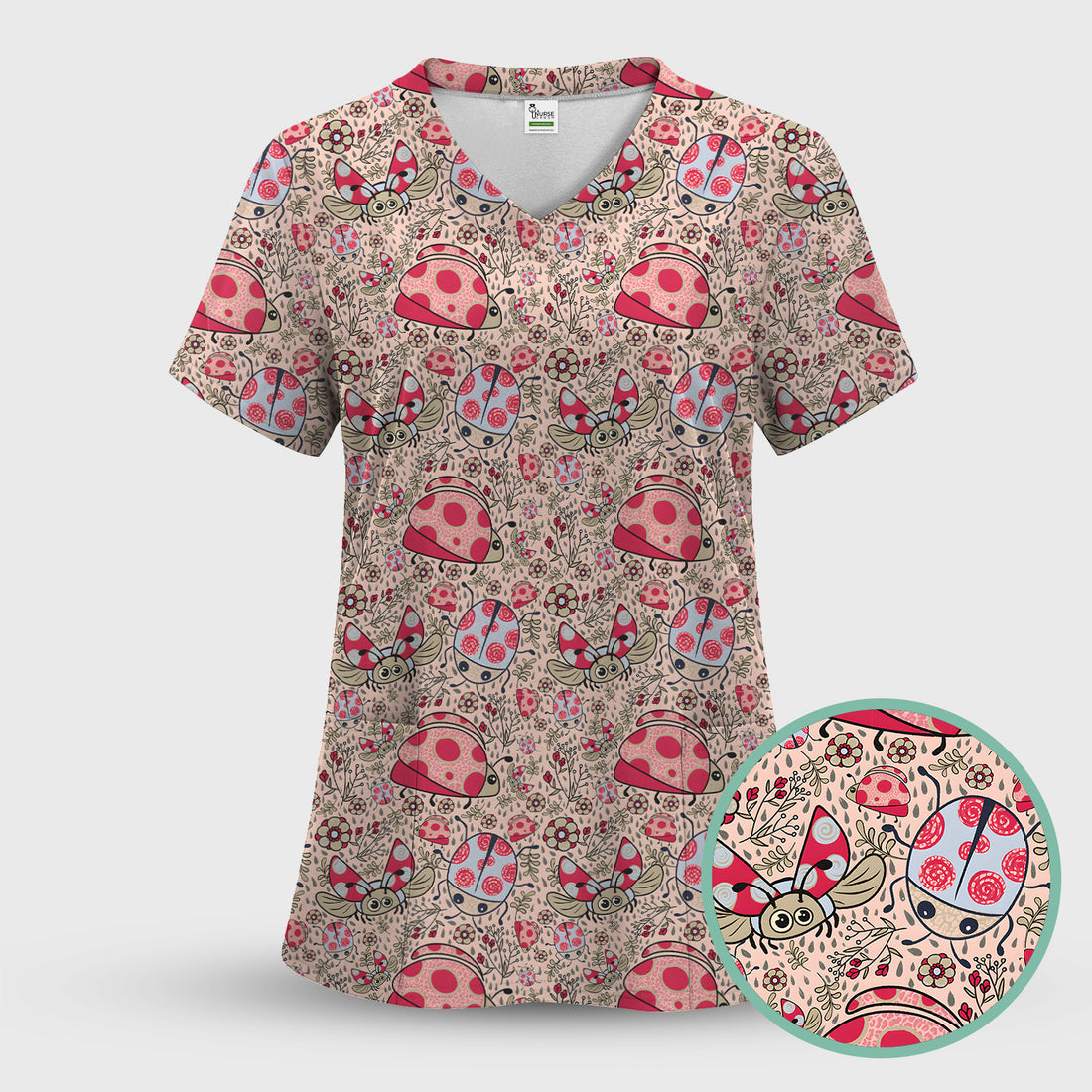 Cute Ladybug Rain Garden Pattern Scrub Set, Scrub Pants and V Neck Top