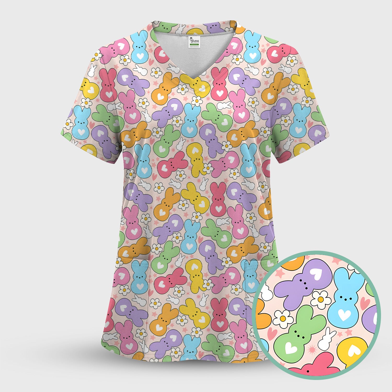 Sweet Pastel Bunny Daisy Pattern Scrub Top, Comfortable Scrubs for Nurses, Easter