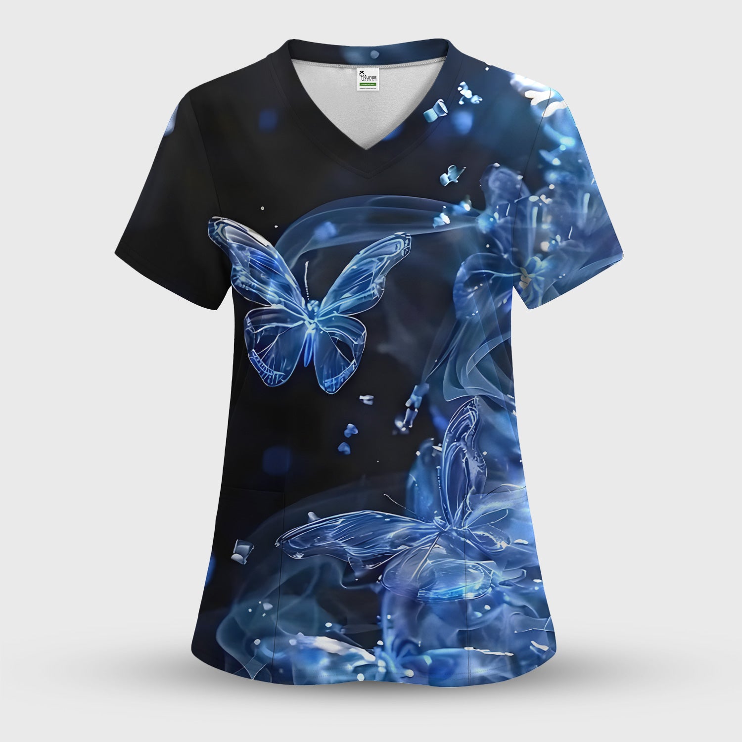 Glowing Blue Butterfly Garden Pattern Scrub Top, Comfortable Scrubs for Nurses