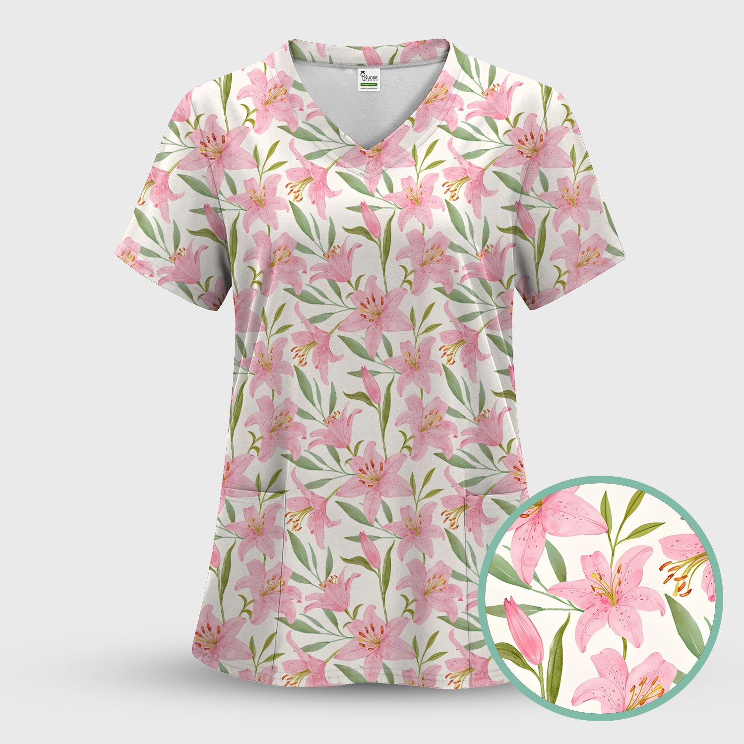 Cute Pink Lily Floral Nurse Pattern Scrub Set, Scrub Pants and V Neck Top