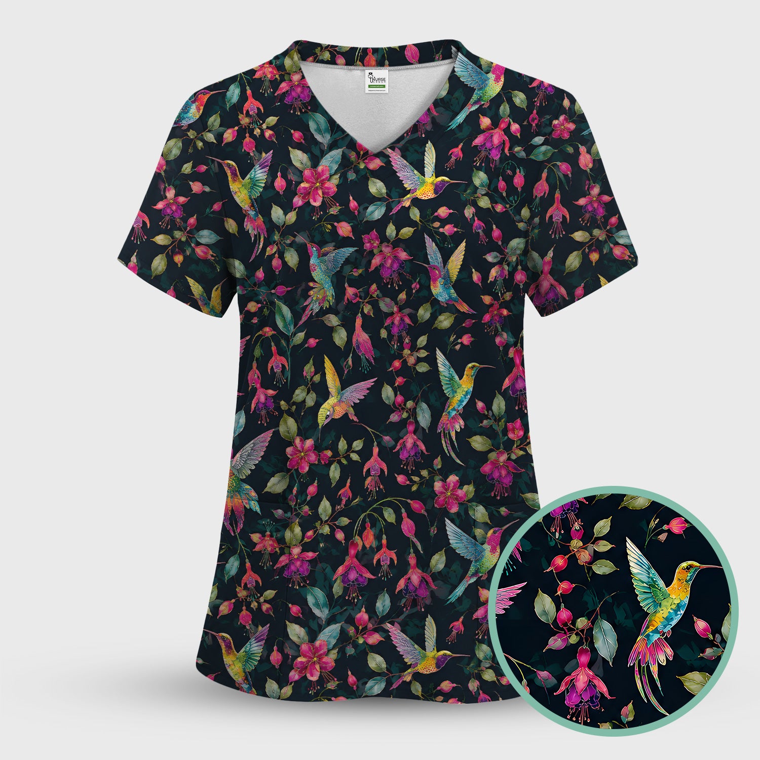 Hummingbird Fuchsia Bloom Pattern Scrub Top, Comfortable Scrubs for Nurses