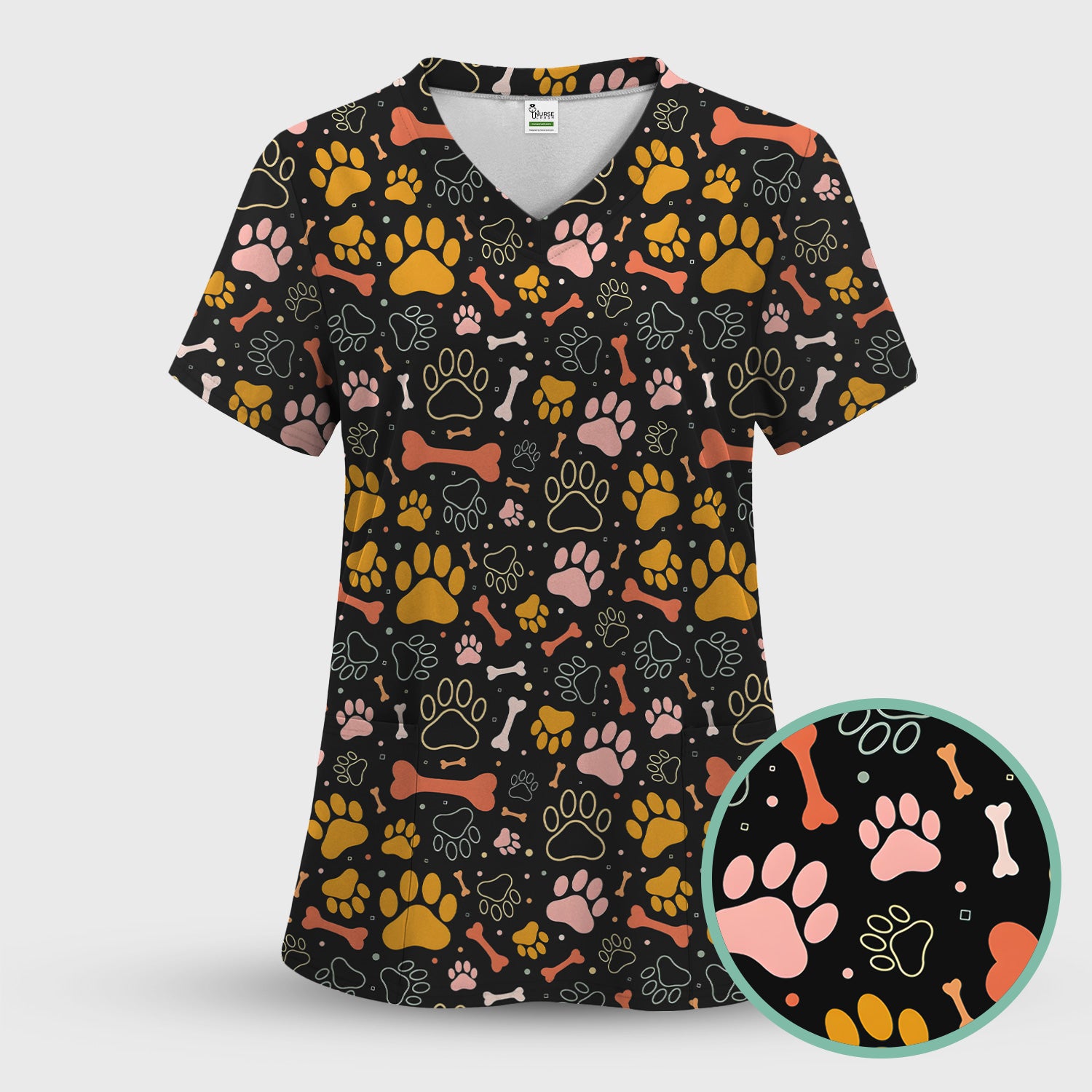 Cute Paw Print Dog Pattern Scrub Top, Comfortable Scrubs for Nurses