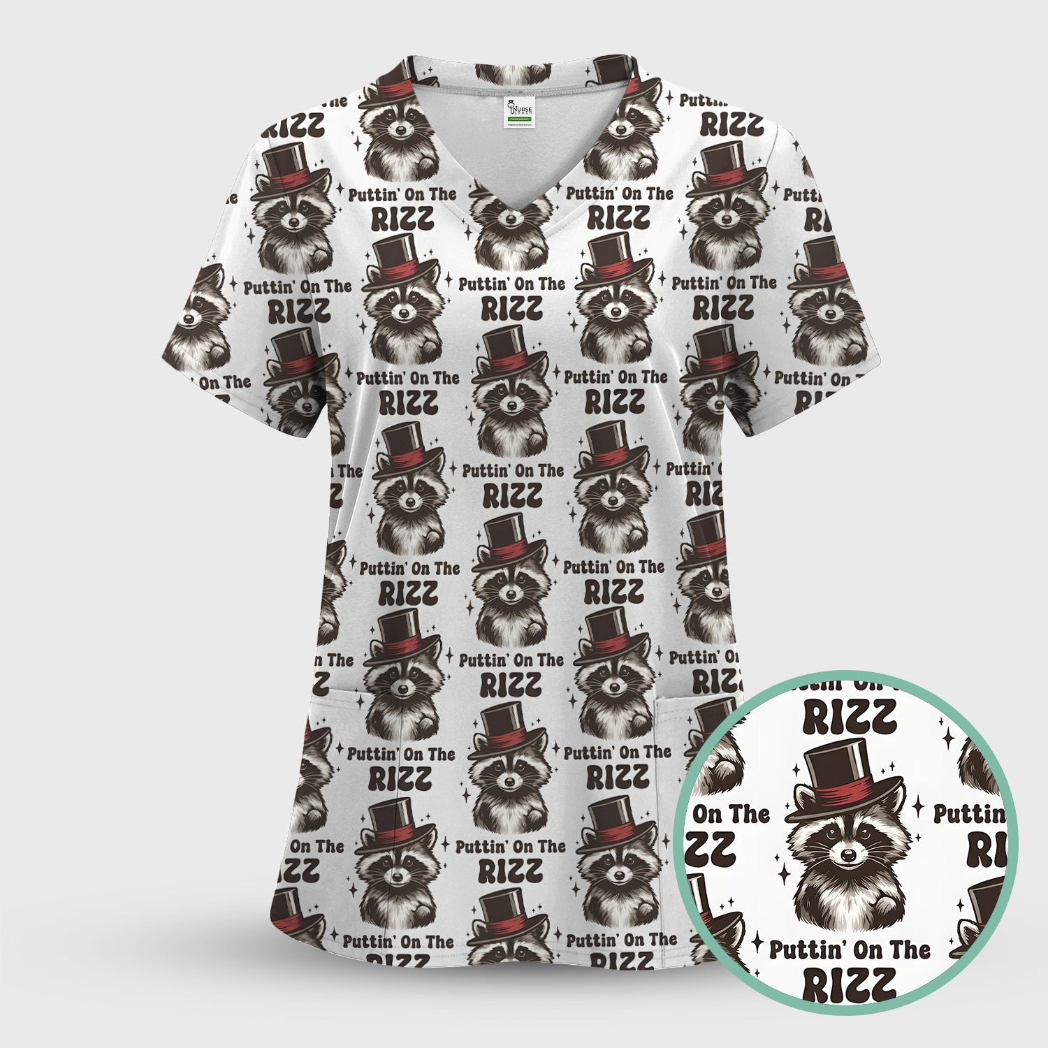 Raccoon Wearing Top Hat Puttin On The Rizz Scrub Set, Scrub Pants and V Neck Top