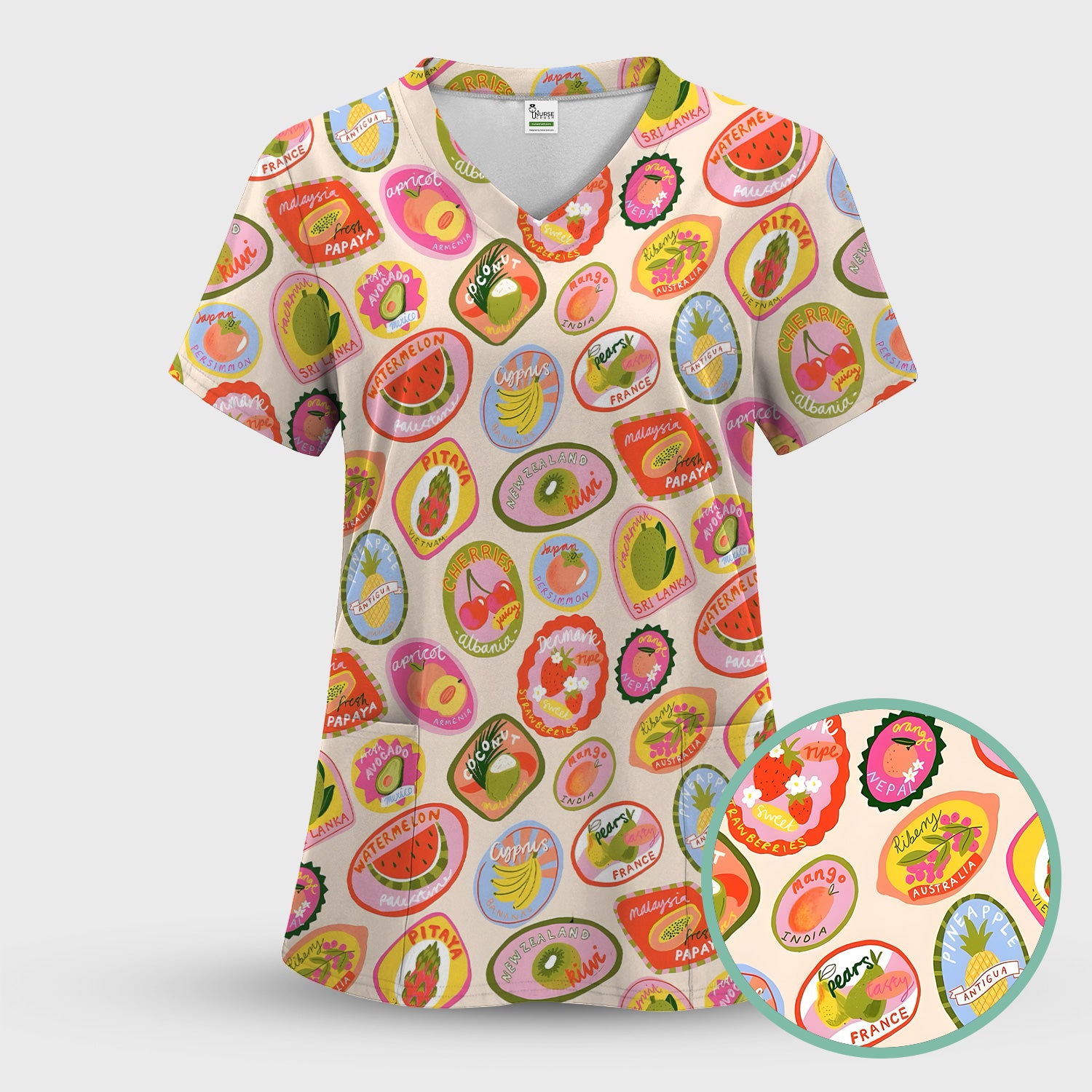 Summer Colorful Fruit Sticker Pattern Scrub Top, Comfortable Scrubs For Nurses