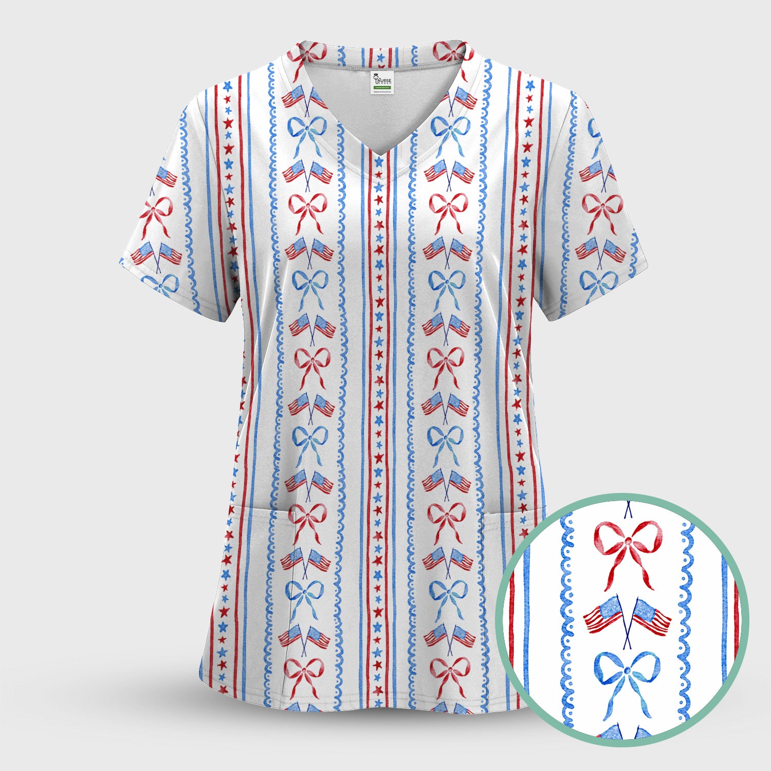 Patriotic USA Flag Bow Stripe Pattern Scrub Set, Scrub Pants and V Neck Top