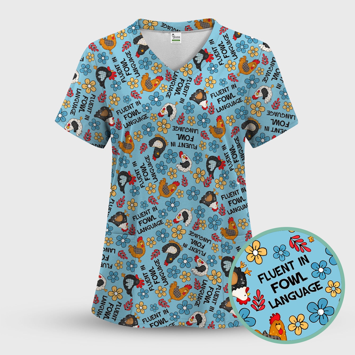 Funny Chicken Fluent in Fowl Language Pattern Scrub Top, Comfortable Scrubs for Nurses