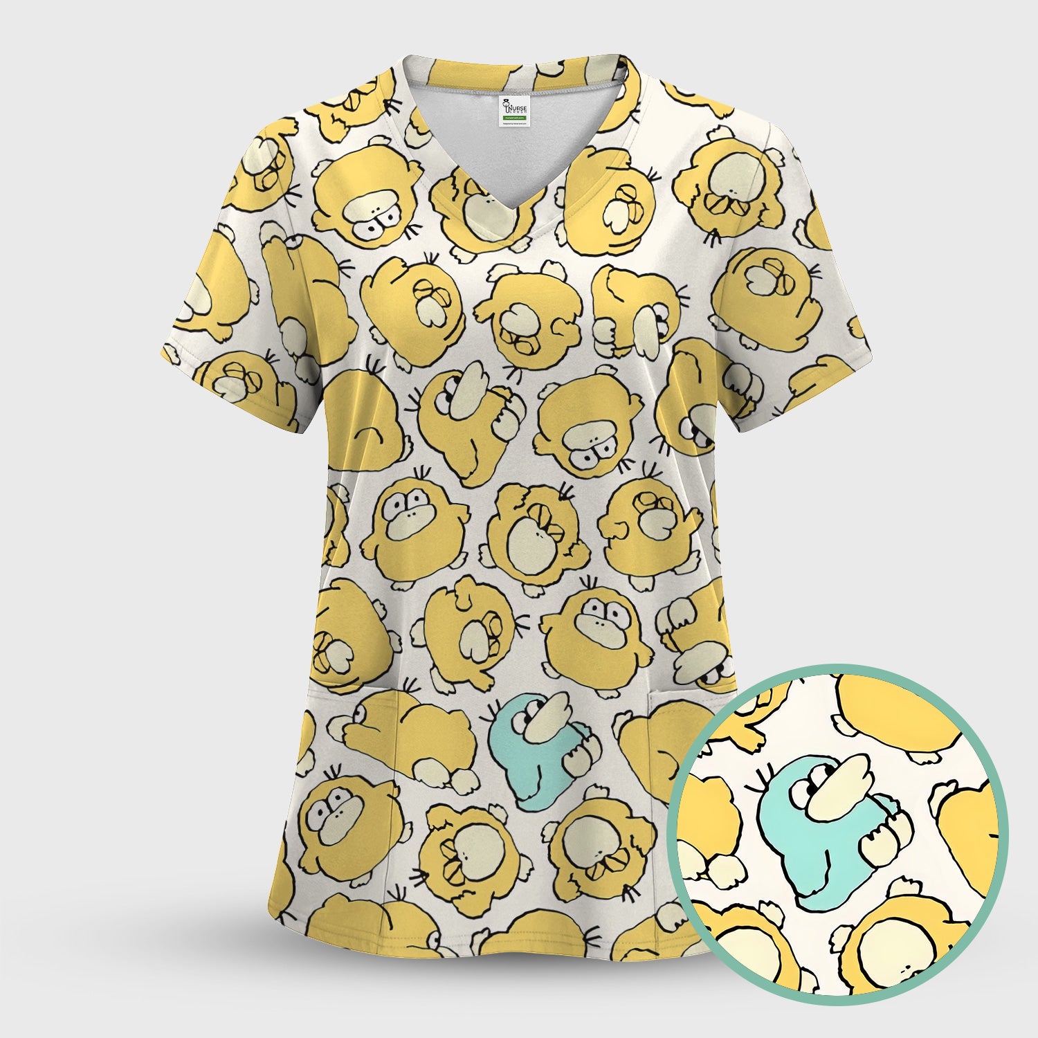 Funny Yellow Cartoon Duck Pattern Scrub Top, Comfortable Scrubs For Nurses