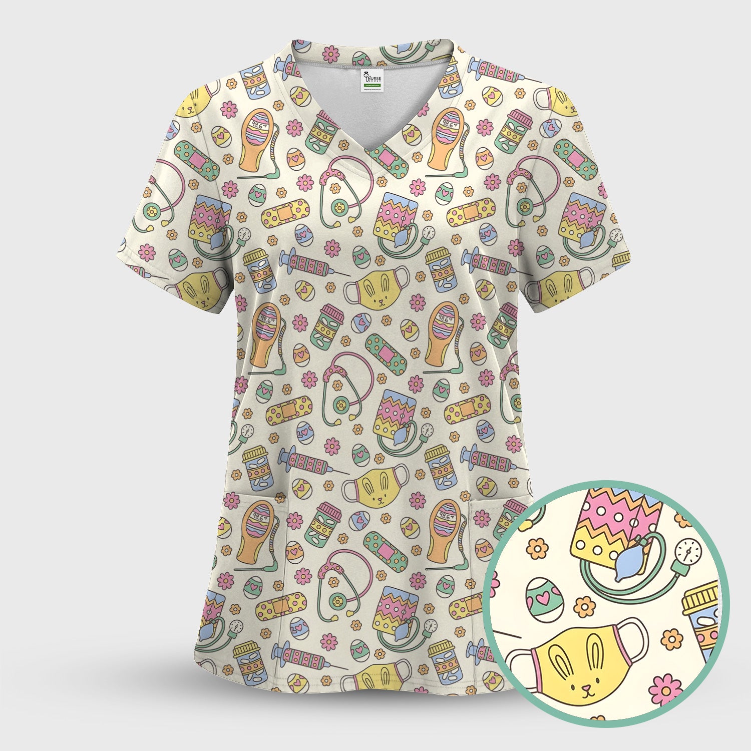 Easter Nurse Bunny Medical Pattern Scrub Top, Breathable Fabrics Nursing Uniform