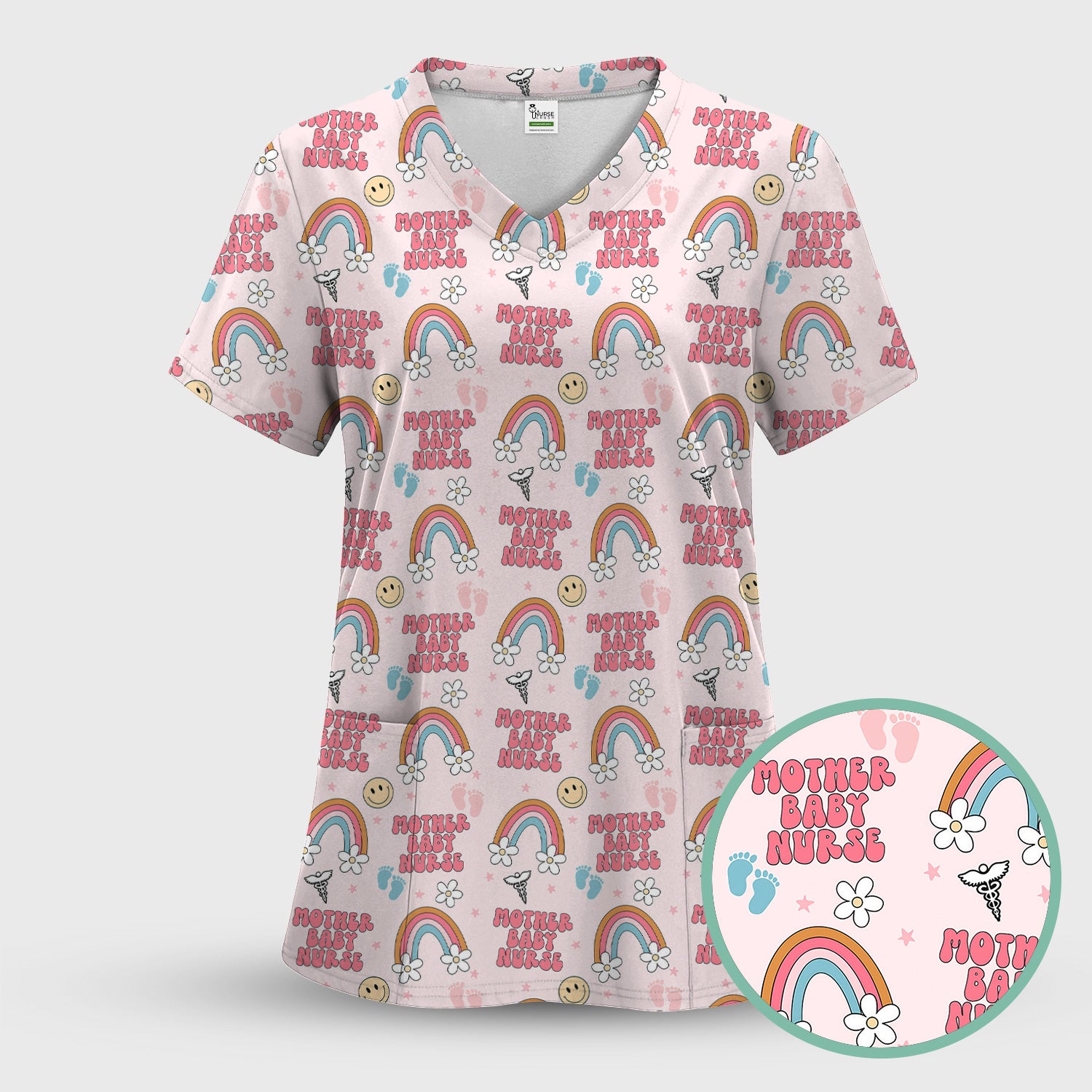 Sweet Mother Baby Nurse Rainbow Pattern Scrub Set, Scrub Pants and V Neck Top