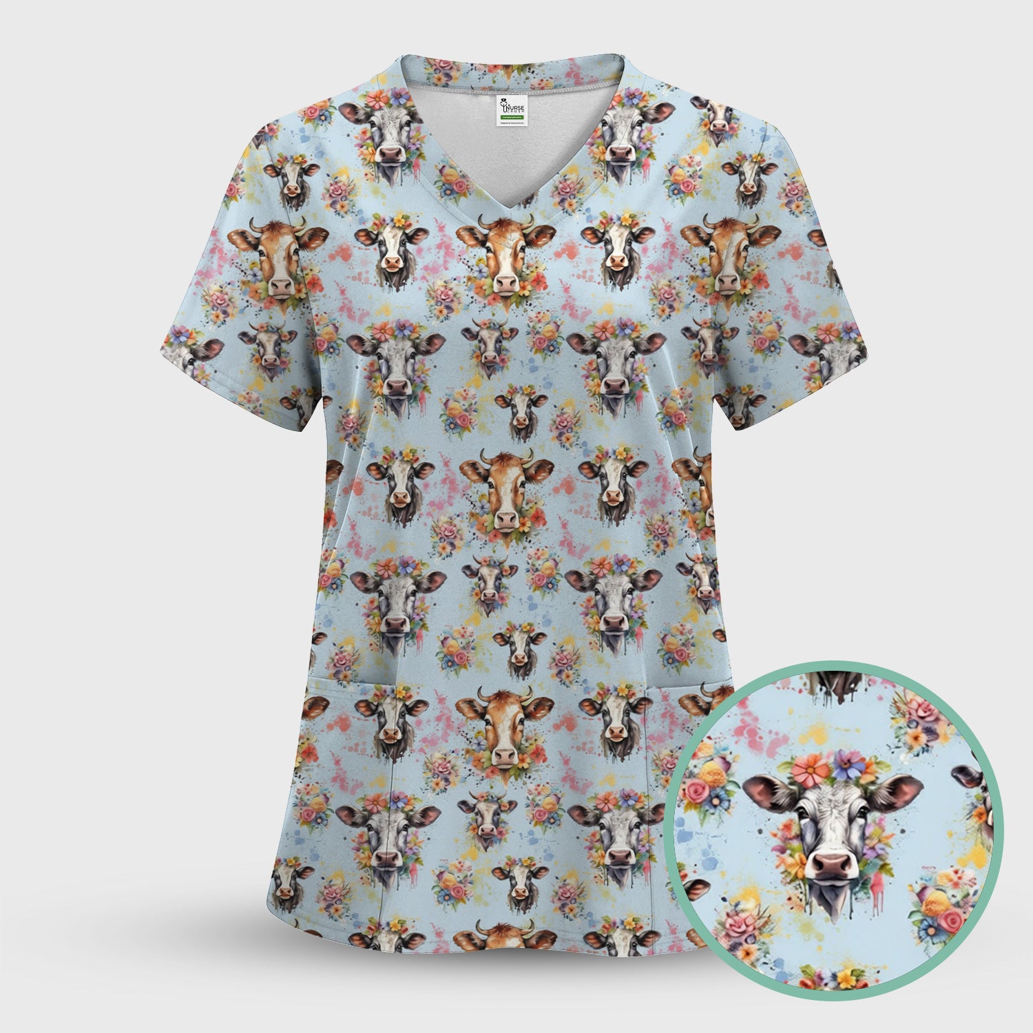 Cute Floral Cow Farm Animal Pattern Scrub Top, Comfortable Scrubs for Nurses