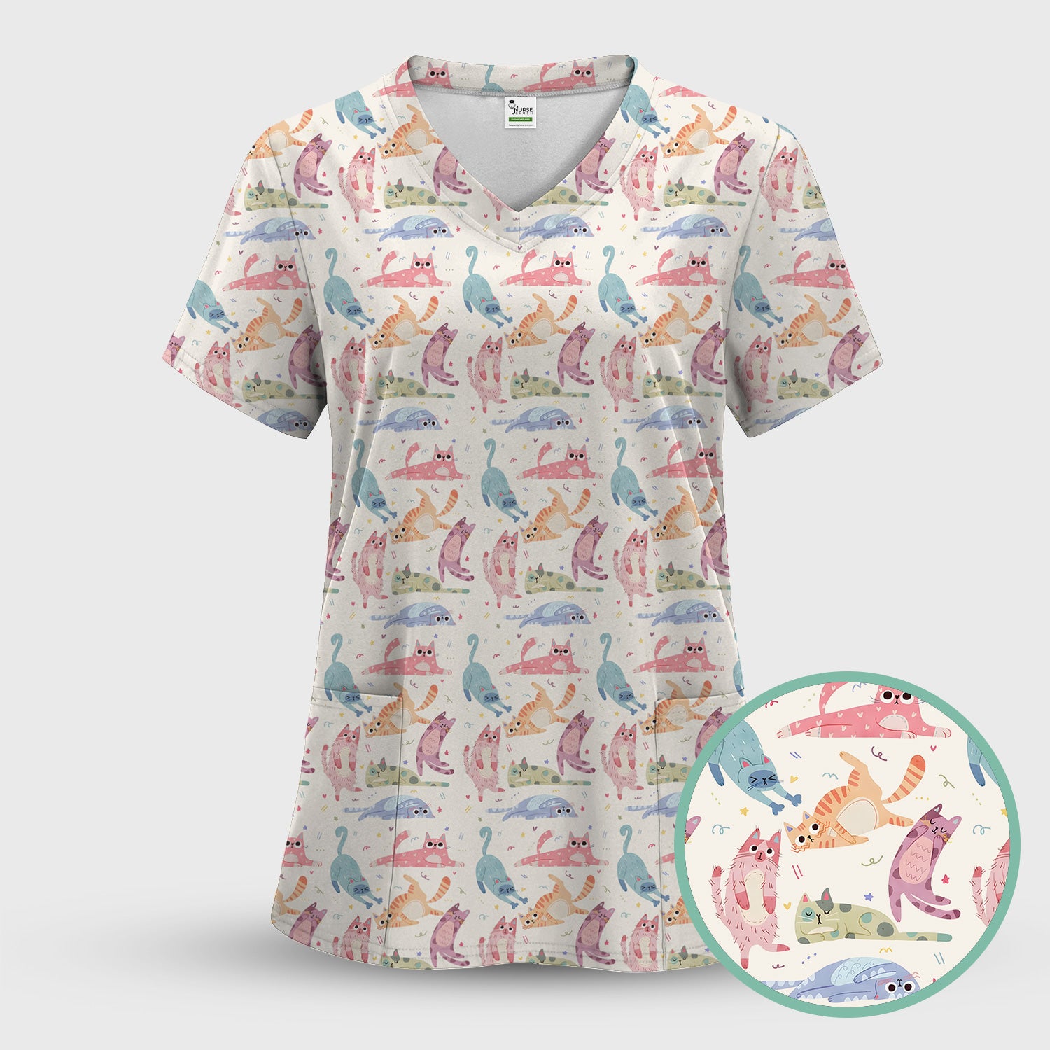 Funny Pastel Cat Pattern Medical Scrub Top, Breathable Fabrics Nursing Uniform
