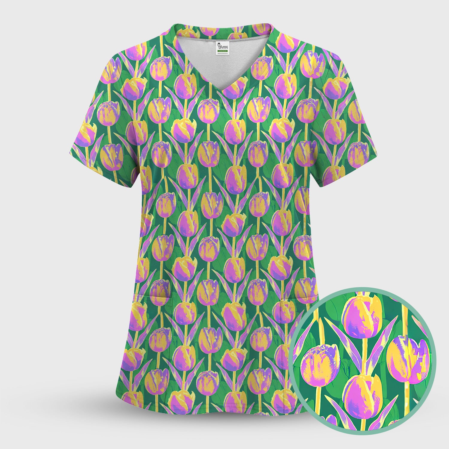 Colorful Tulip Floral Pattern Scrub Set, Scrub Pants and V Neck Top