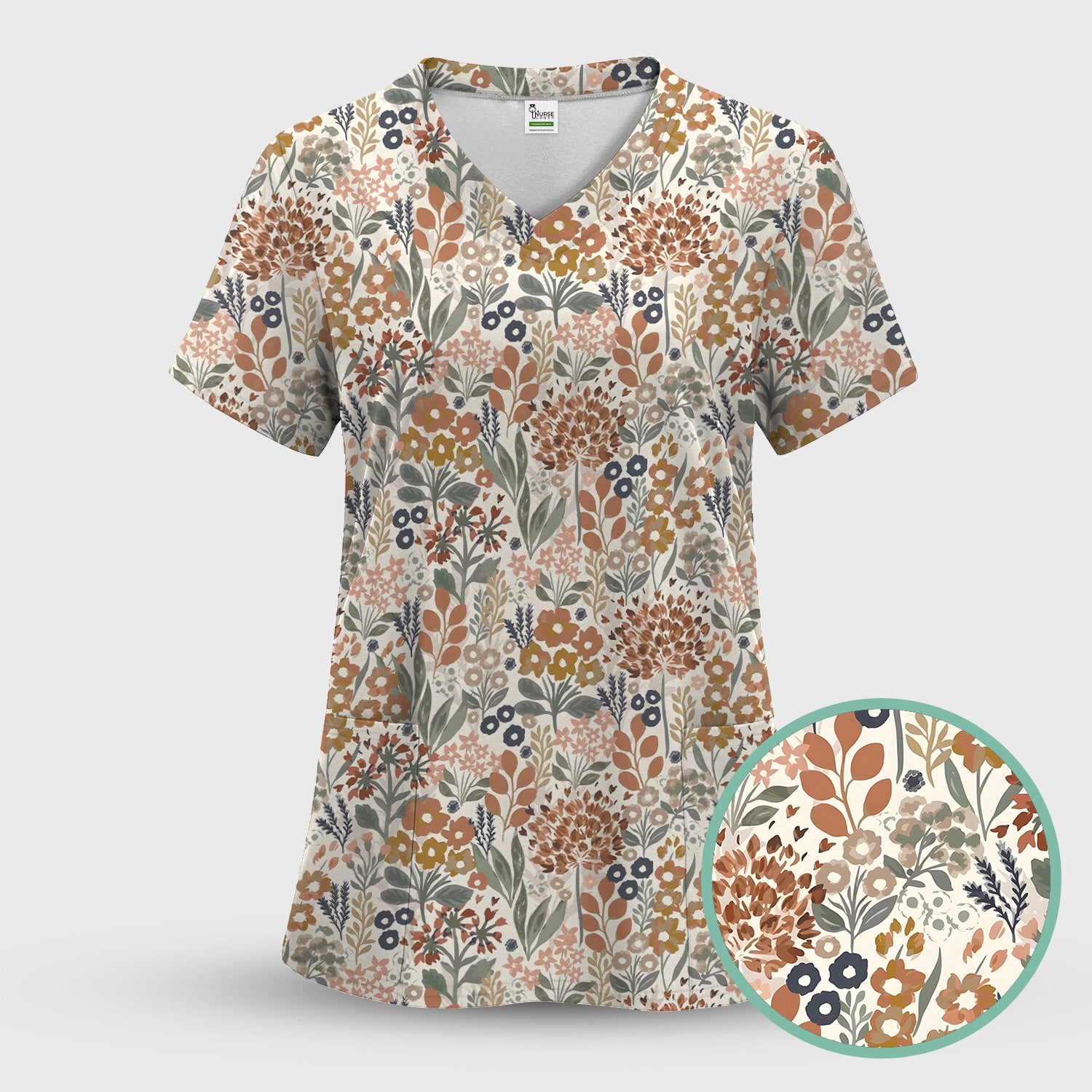Vintage Botanical Floral Pattern Scrub Top, Breathable Fabrics Nursing Uniform