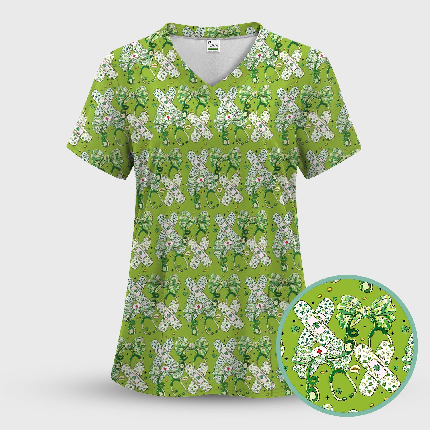 St Patrick Shamrock Stethoscope Bow Print Scrub Set, Breathable Med Uniform