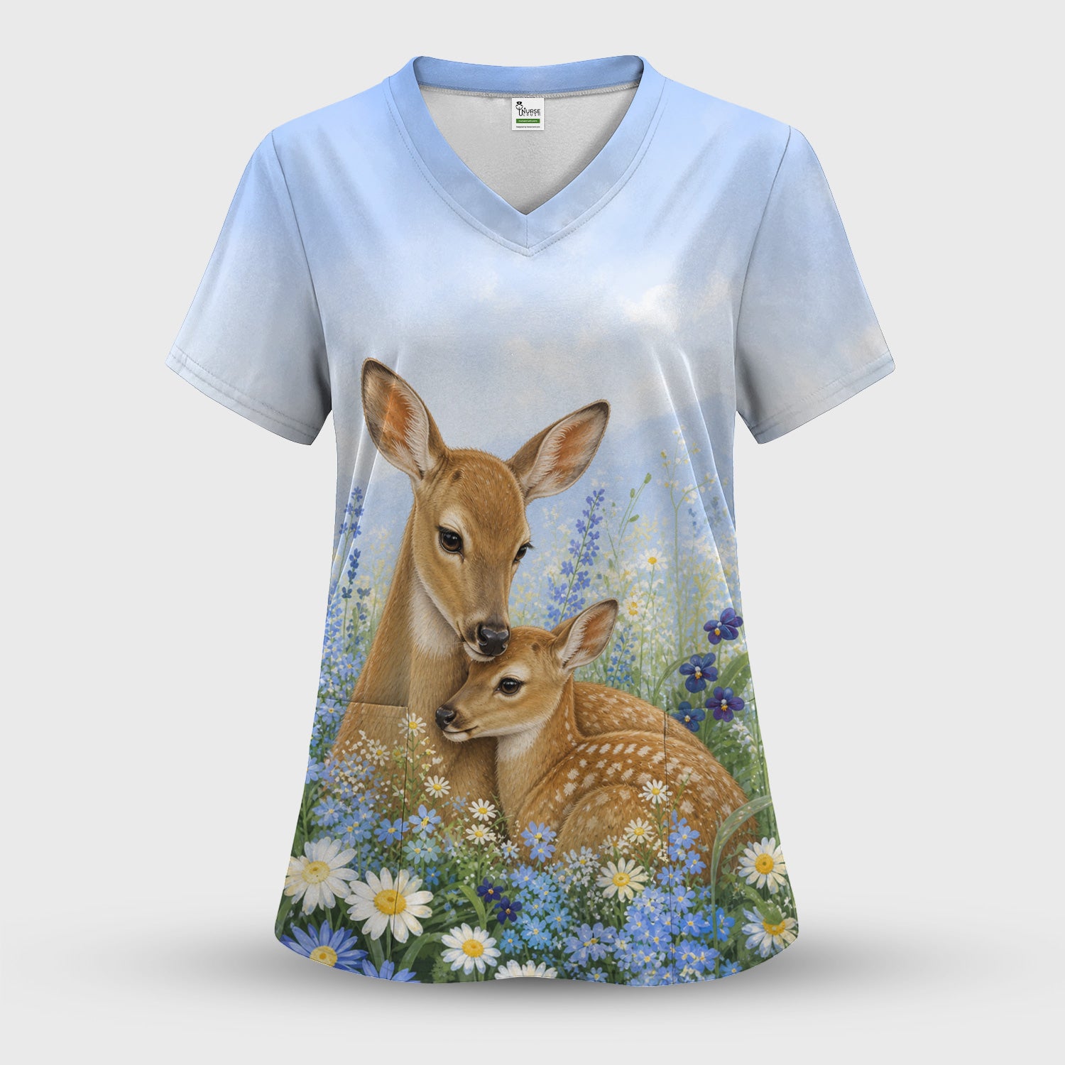 Cute Deer Mother Baby With Meadow Pattern Scrub Set, Scrub Pants and V Neck Top