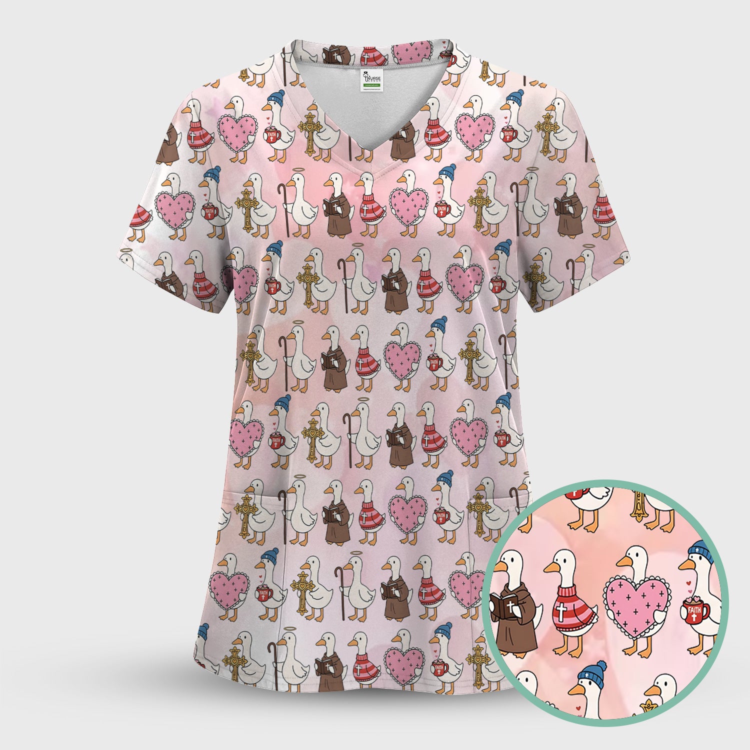 Goose Valentine Heart Illustration Design Scrubs Set, Breathable Med Uniform
