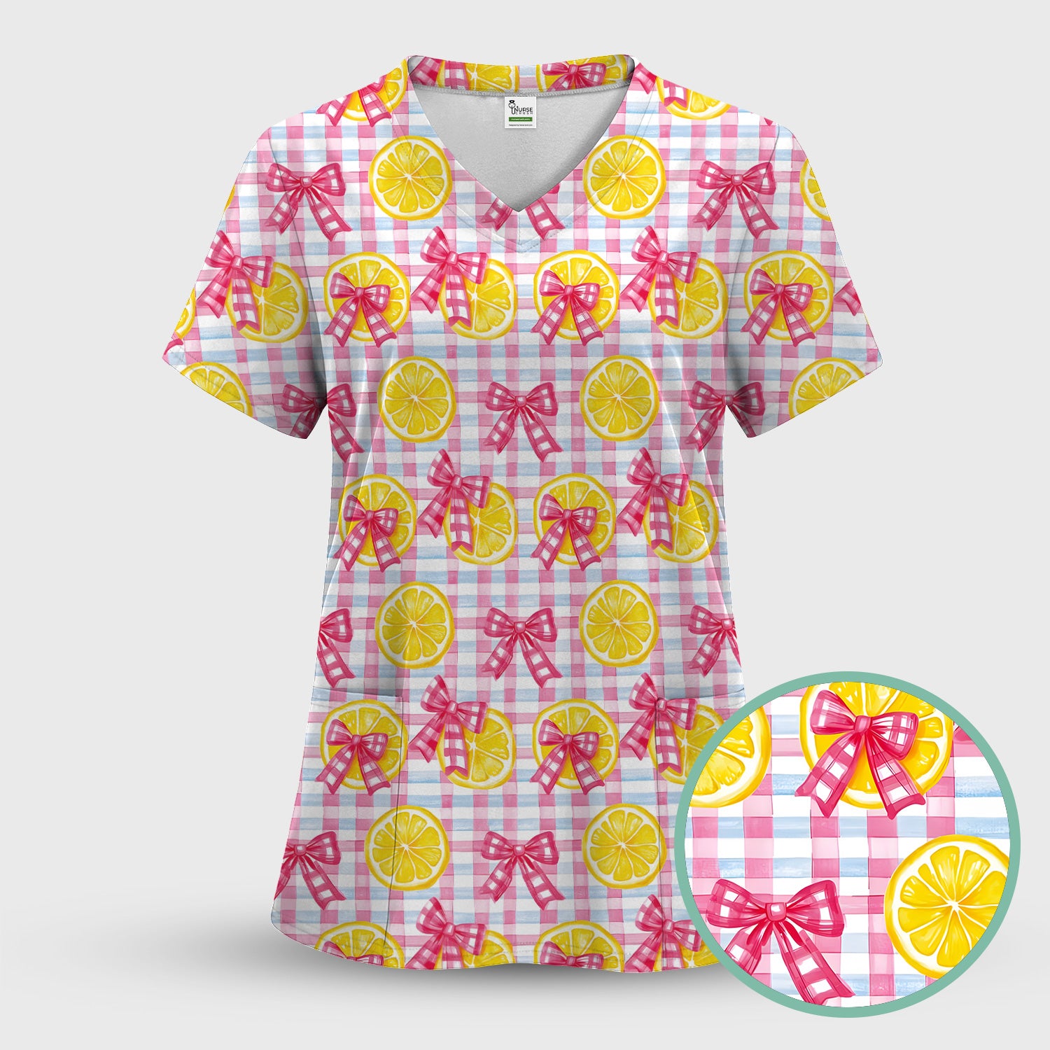 Cute Lemon Slice Pink Bow Gingham Pattern Scrub Set, Scrub Pants and V Neck Top