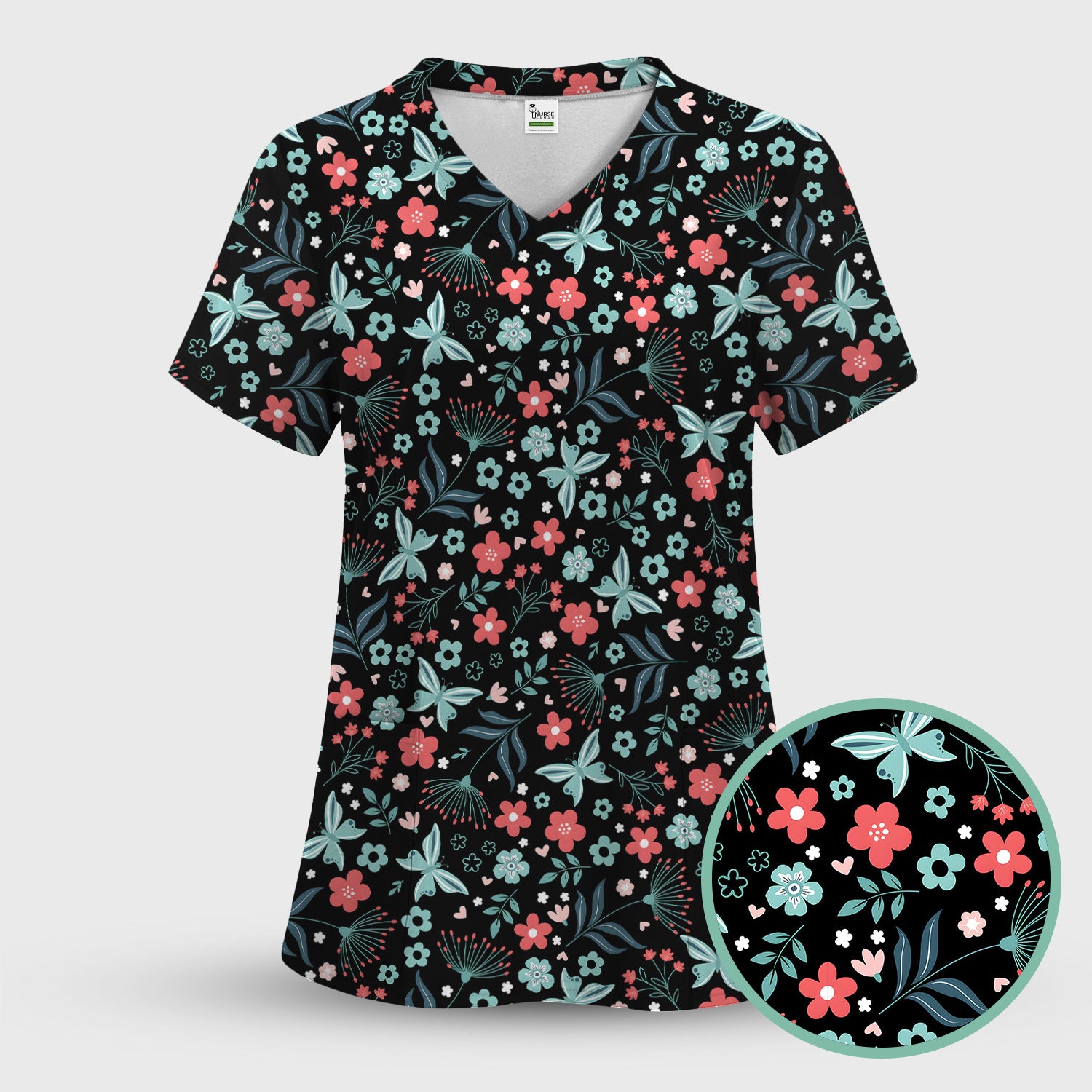 Cute Floral Butterfly Garden Print Scrub Top, Comfortable Scrubs for Nurses