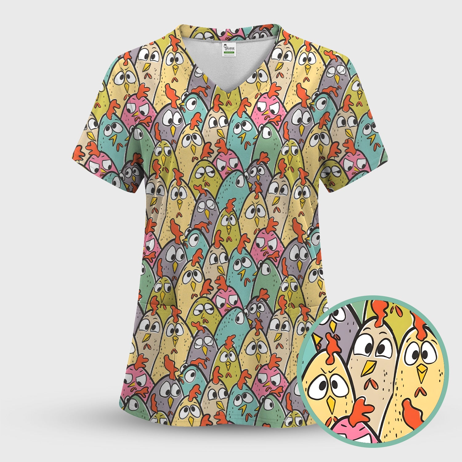Funny Cartoon Chicken Crowd Pattern Scrub Top, Comfortable Scrubs for Nurses