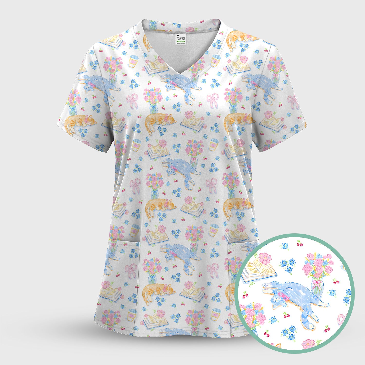 Cute Cats Reading Floral Books Pattern Scrub Top, Comfortable Scrubs for Nurses