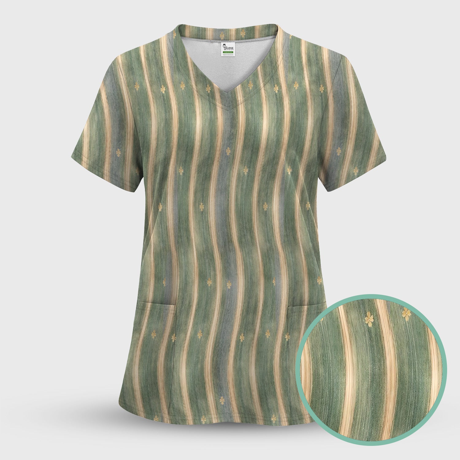 Charming Nurse Green Vertical Stripe Small Floral Pattern Scrub Set, Scrub Pants and V Neck Top