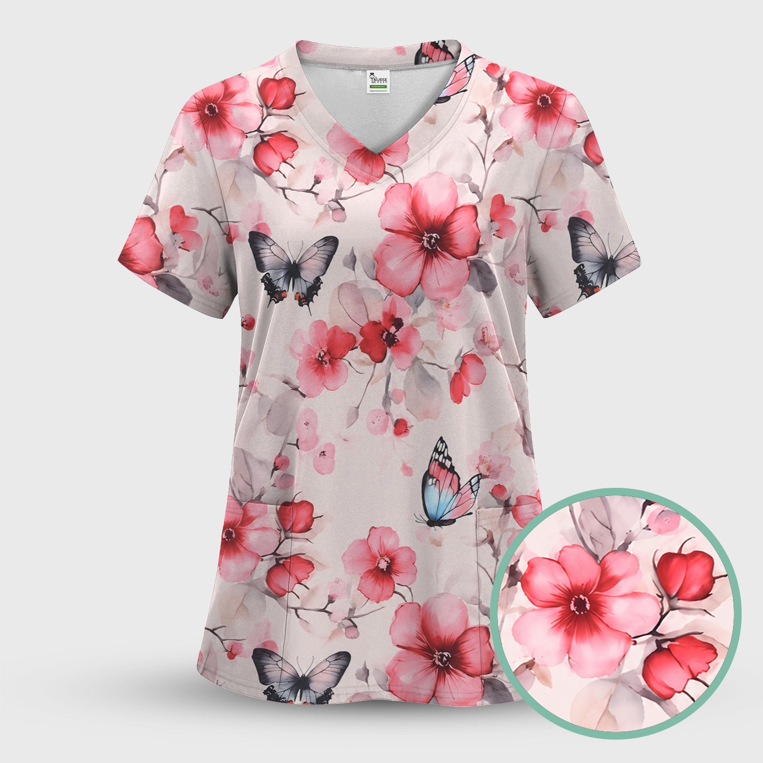 Pink Butterfly Blossom Pattern Scrub Top, Comfortable Scrubs for Nurses