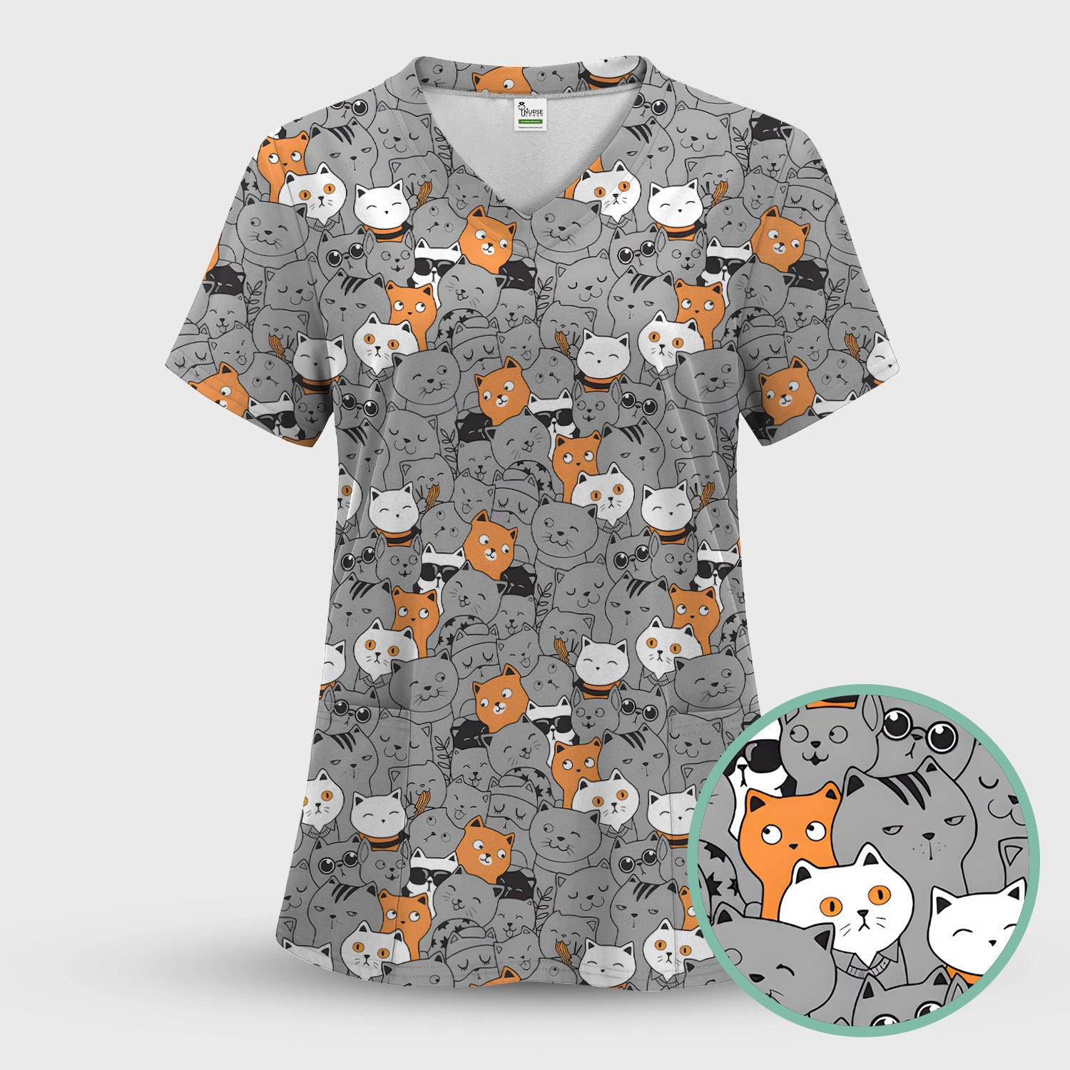 Funny Cats Cute Expressions Pattern Scrubs Top, Comfortable Scrubs for Nurses