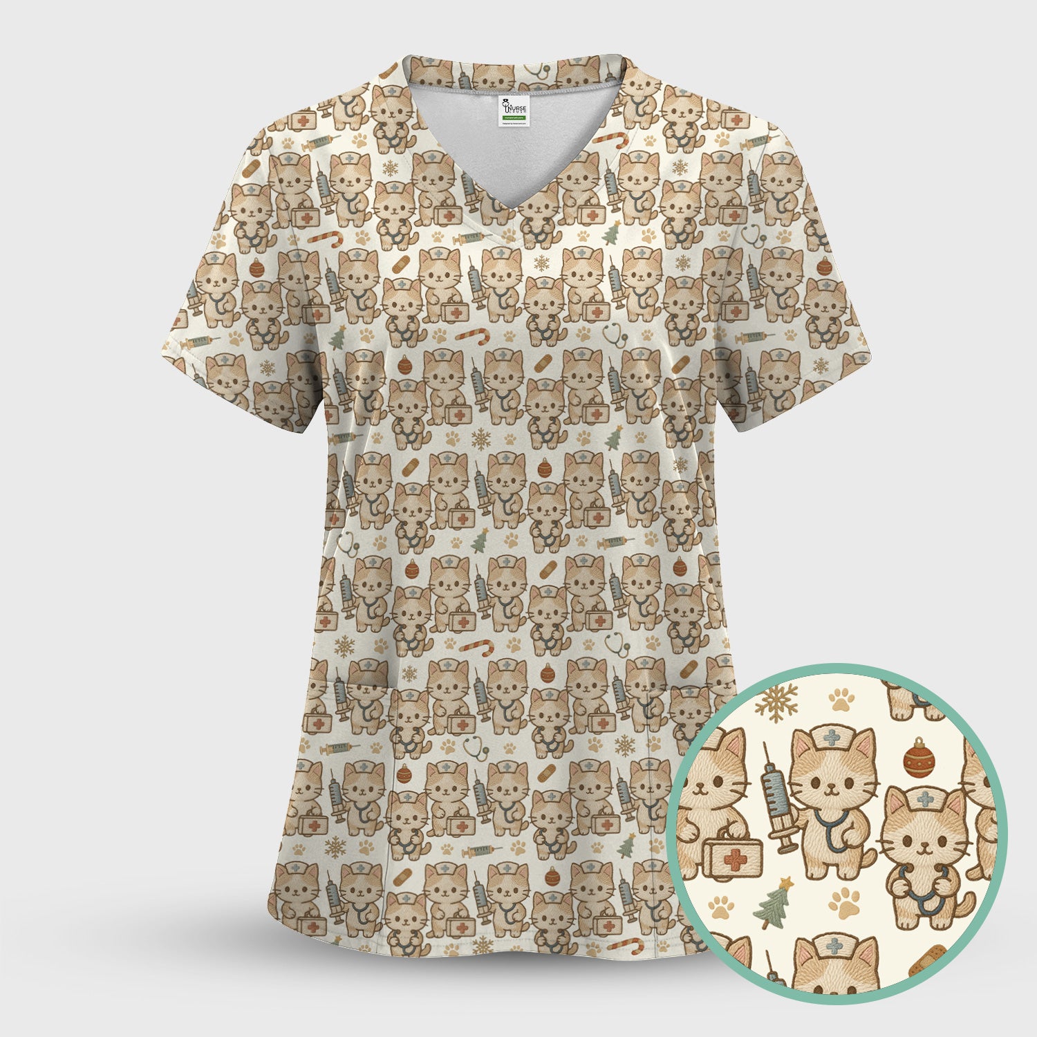 Cute Cat Nurse Christmas Scrub Top, Kawaii Kitty Medical Pattern Shirt, Breathable Fabrics Nursing Uniform