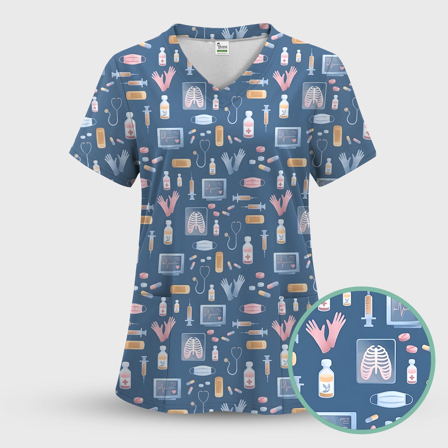 Medical Tools Gloves Syringe Pill Monitor Pattern Scrub Set, Scrub Pants and V Neck Top