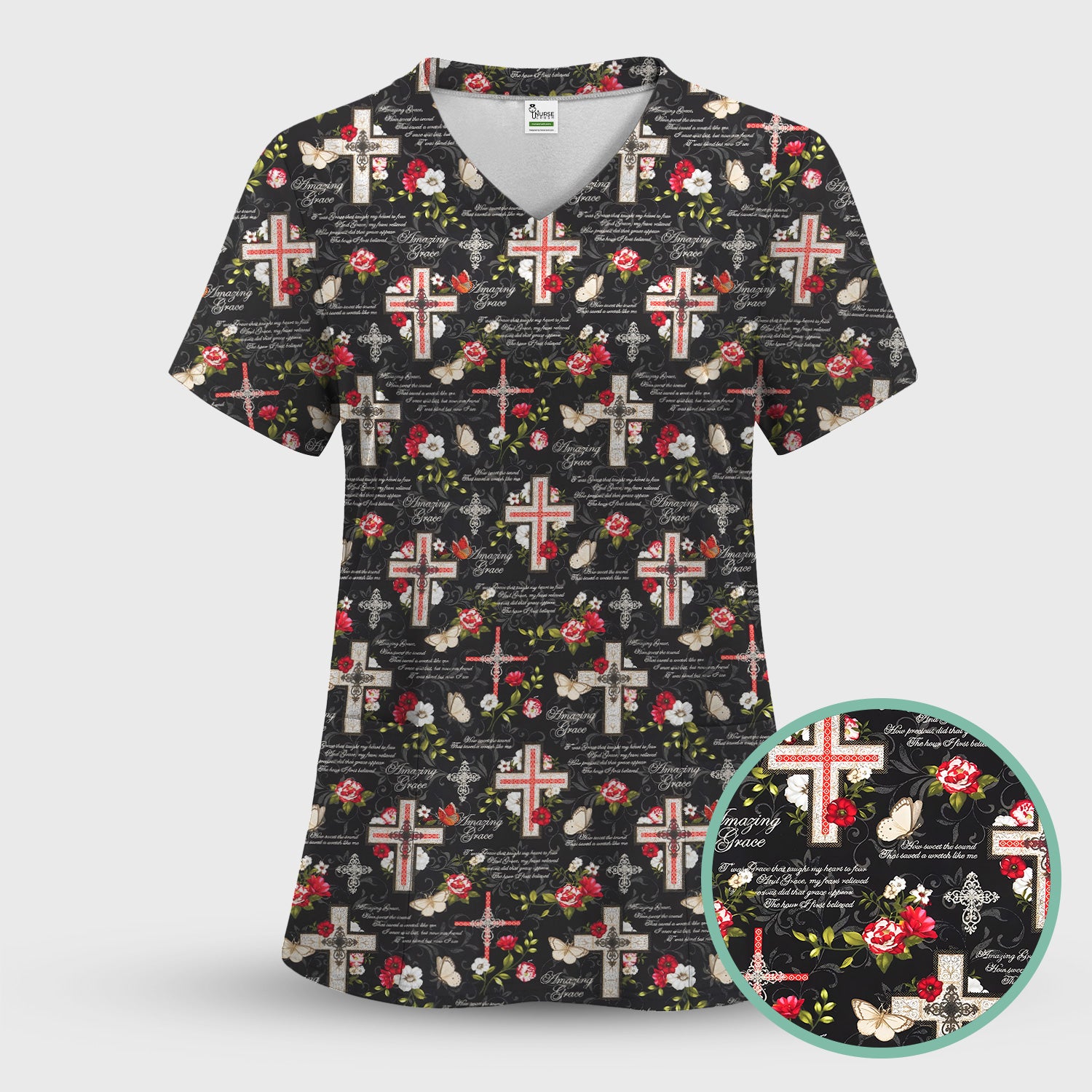 Christian Cross Roses And Butterflies Print Scrub Top, Comfortable Scrubs for Nurses