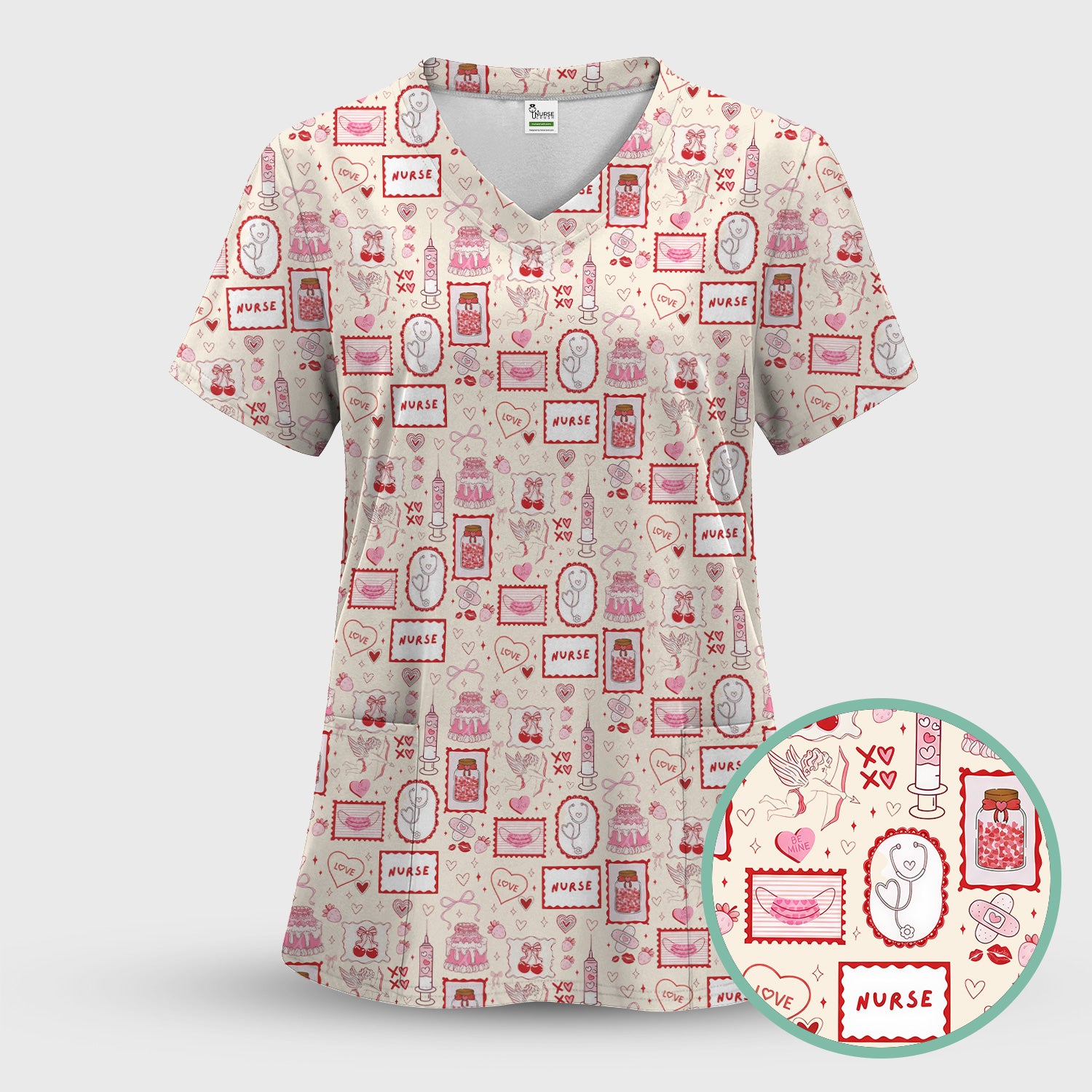Nurse Icons Hearts Syringes Valentine Scrub Top, Breathable Nursing Uniform