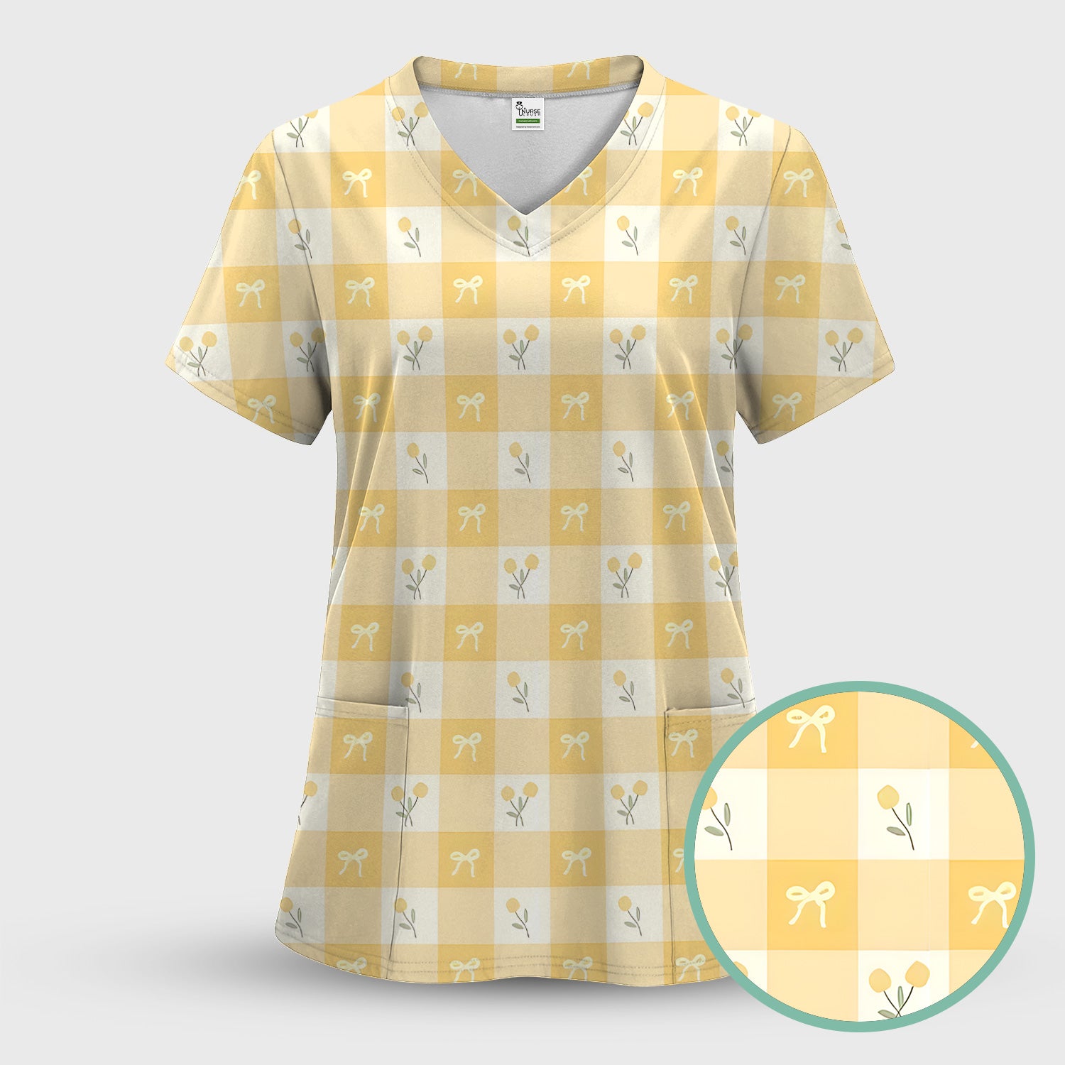 Yellow Gingham Bow Floral Pattern Scrub Set, Scrub Pants and V Neck Top