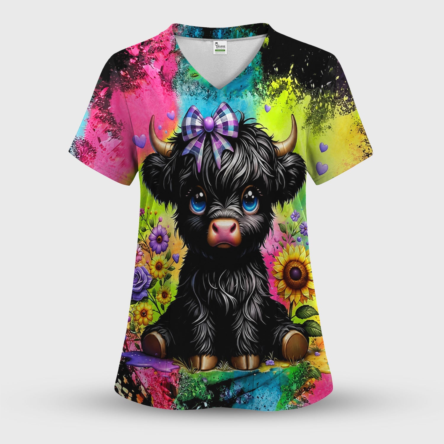 Baby Highland Cow Floral Print Scrub Top, Comfortable Scrubs for Nurses