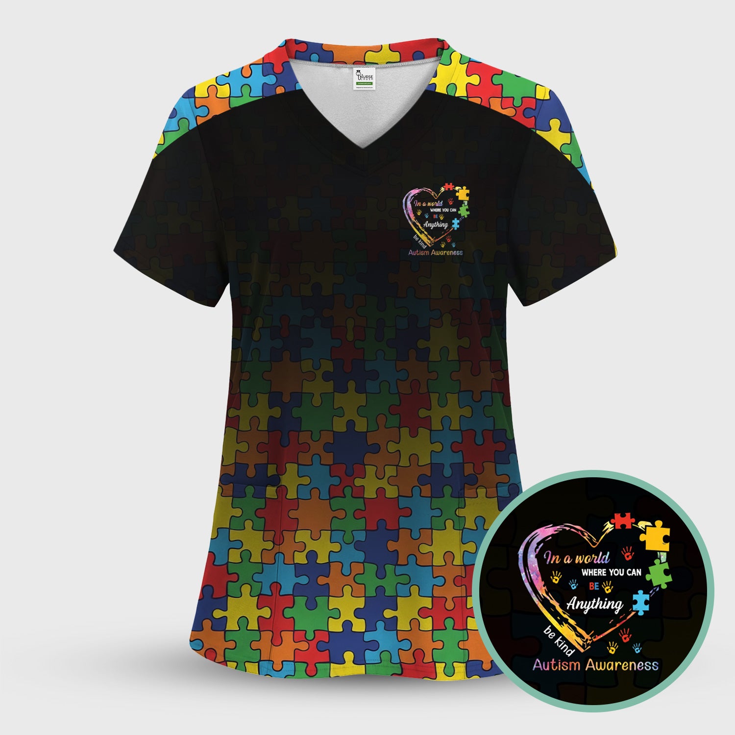 Autism Awareness Nurse Scrub Top, Puzzle Heart Print Full Design, Gift for Nurse