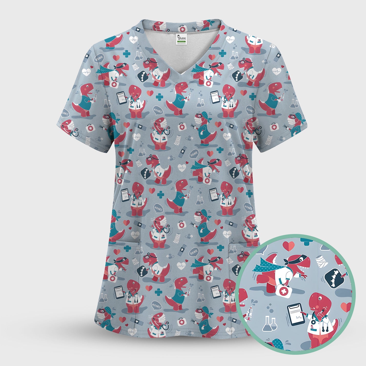 Cute Dinosaur Doctor Medical Pattern Scrub Top, Breathable Fabrics Nursing Uniform