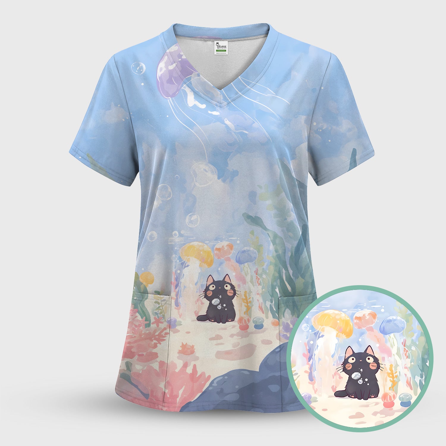 Cute Underwater Black Cat Jellyfish Pattern Scrub Top, Comfortable Scrubs for Nurses