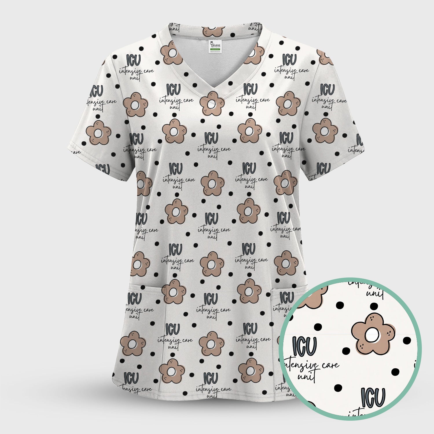Cute ICU Nurse Flower Polka Dot Pattern Scrub Top, Comfortable Scrubs for Nurses