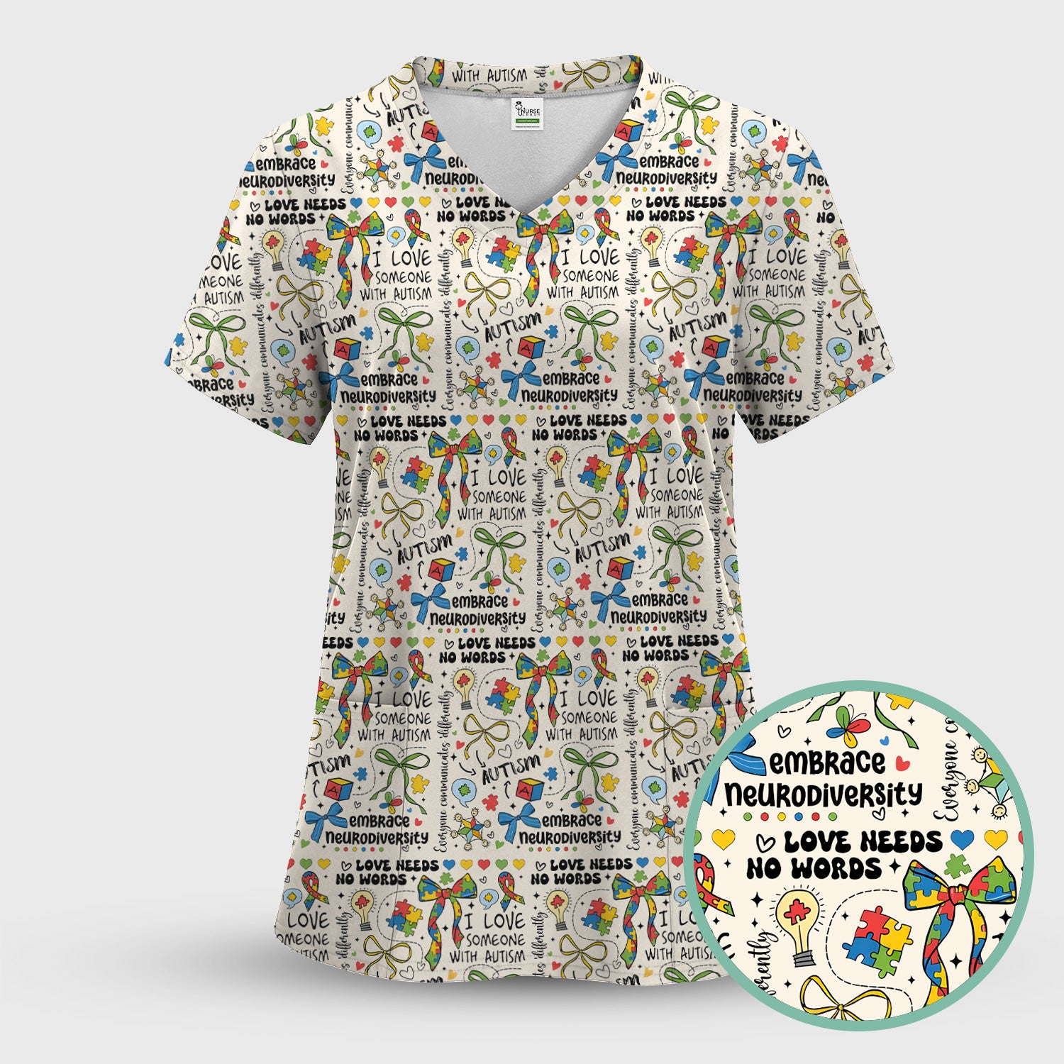 Autism Awareness Puzzle Ribbon Pattern Scrub Set, Scrub Pants and V Neck Top