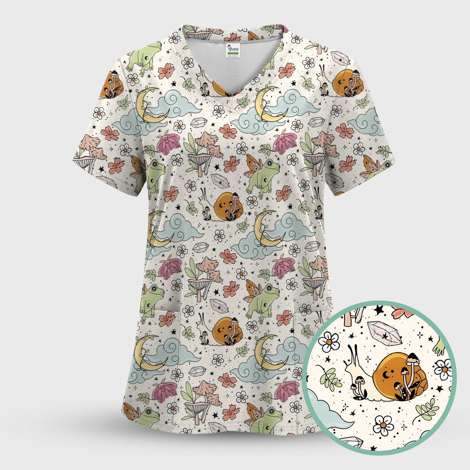Whimsical Frog Moon Mushroom Pattern Scrub Top, Fantasy Nature Print, Breathable Fabrics Nursing Uniform